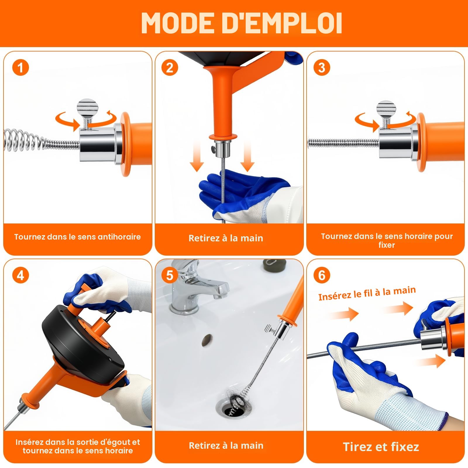 Furet Déboucheur Canalisation - 10M Furet Plomberie Flexible avec Gants, Sac de Rangement - Spirale de Nettoyage de Canalisations pour Cuisine, la Salle de Bain, l'Égouttement et l'Évier | Ressorts en acier galvanisé haute résistance de 10 m de long