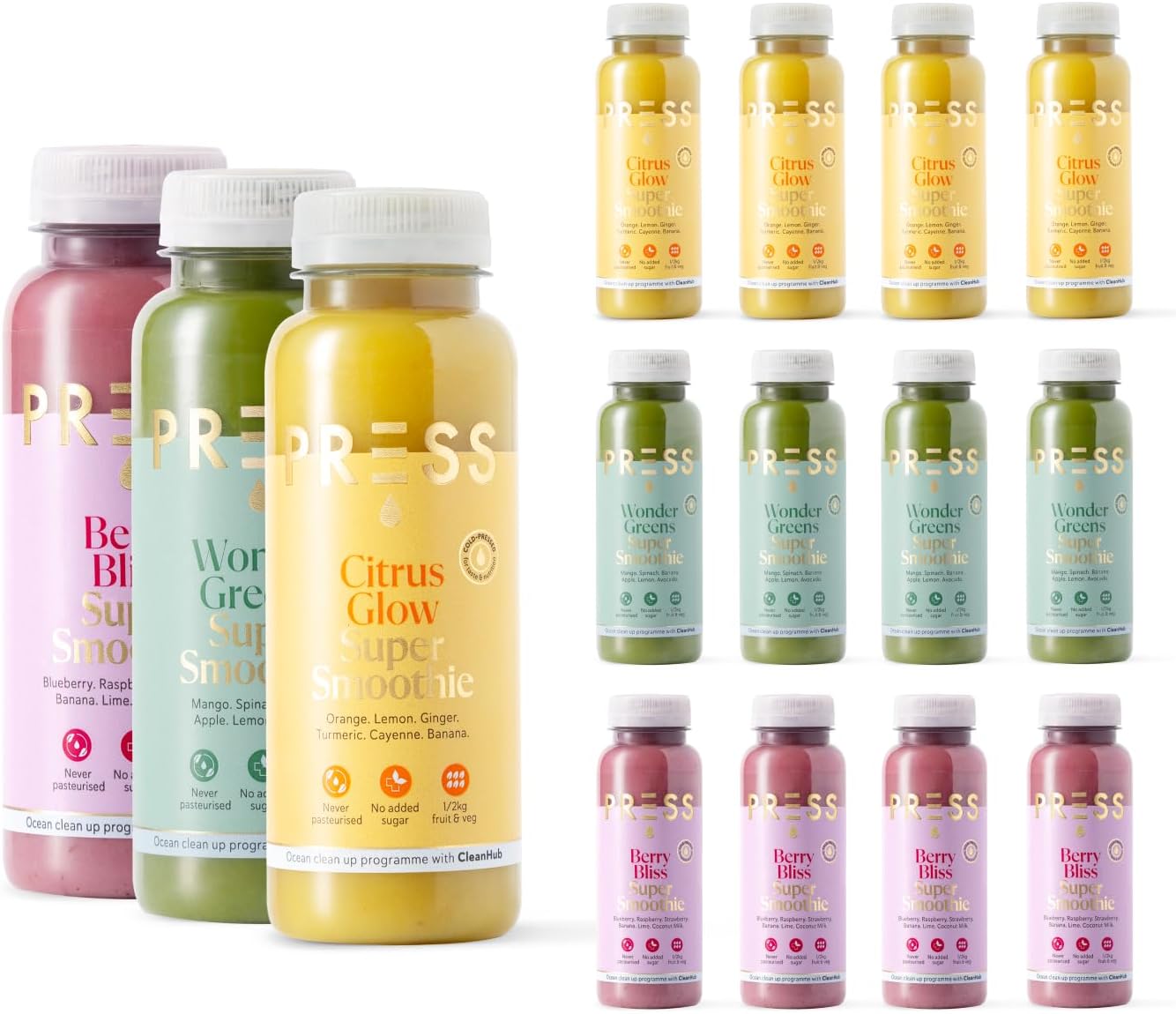 Press Healthfoods, 12 x 250ml Smoothie Bundles, Healthy Cold Pressed Juice, Vegan Smoothies Full of Vitamins and Nutrients, No Added Sugar, No preservatives