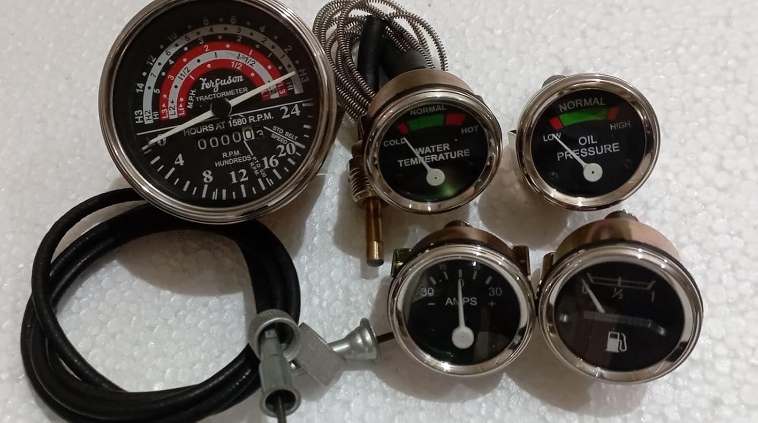 Mechanical Gauges Set for Massey Ferguson MF 230,231,235,240,245,250,253,255,298, 550, Harris 50, 550 Tachometer Anti Clock Wise, Temp 72" Lead, Oil 1/8" Fuel and amp Gauge with 39 inch Tacho Cable