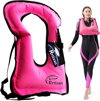 Rrtizan Snorkel Vest, Adults Portable Inflatable Swim Vest Jackets for Snorkeling Swimming Diving Safety New Pink