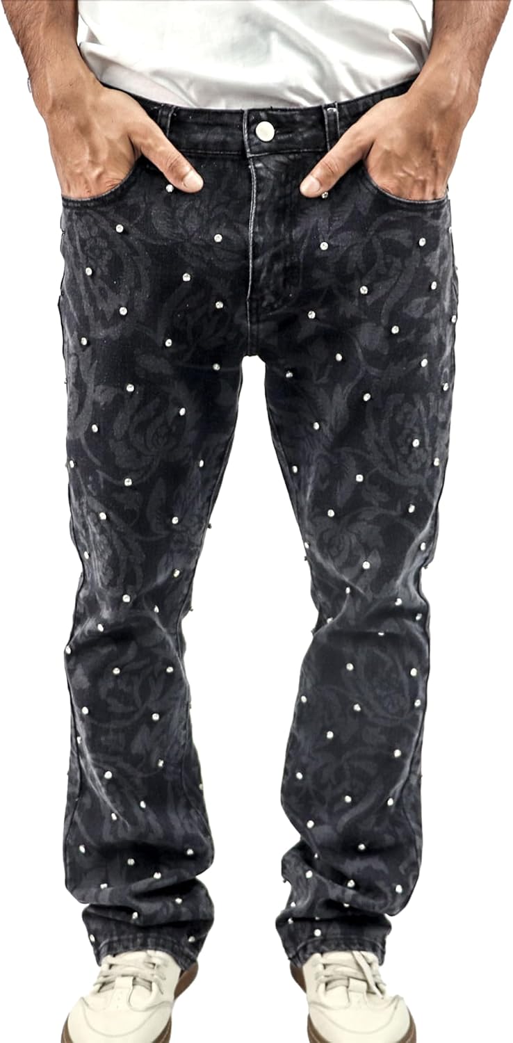 Baggy Rhinestone Jeans Y2K Oversized Wide Leg Denim Pants Vintage Sparkly Casual Denim Pants Hip Hop Streetwear Jeans