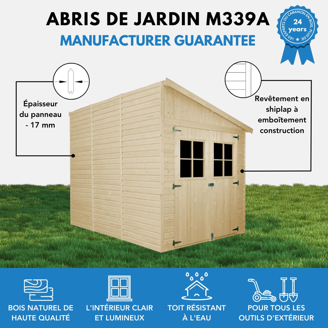 Abri de Jardin en Bois Naturel(avec paroi latérale) avec Les PLANCHERS IMPRÉGNÉ- Stockage extérieur avec fenêtres- H244x218x318 cm/6 m2 - Atelier Rangement Outils et vélos- TIMBELA M339A+M339G