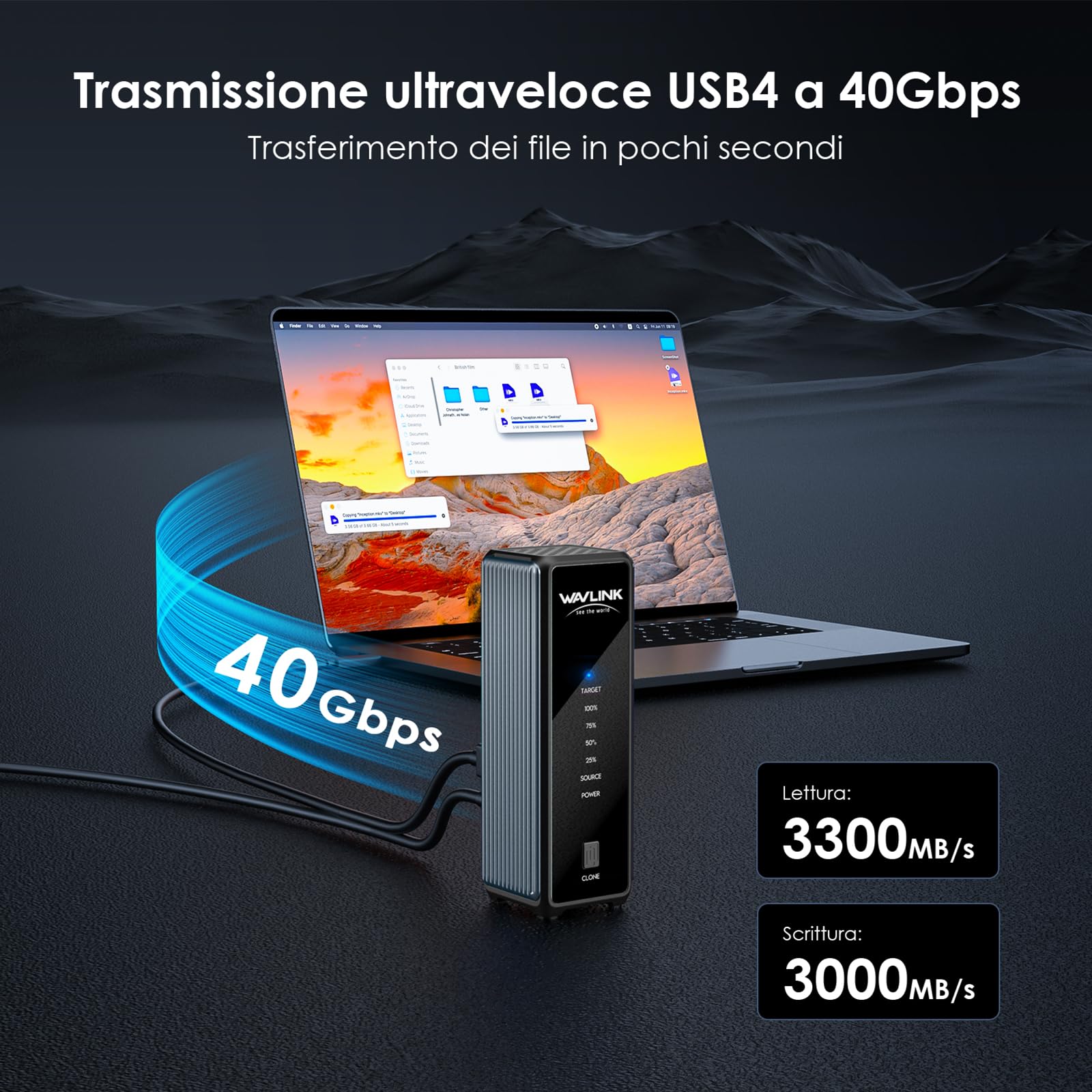 WAVLINK 40 Gbps M.2 Dual Bay NVMe Enclosure, alloggiamento SSD NVMe con ventola di raffreddamento, compatibile con Thunderbolt 5/4/3, USB 4/3.2/2.0, UASP e TRIM, clonazione offline, fino a 3300 MB/s