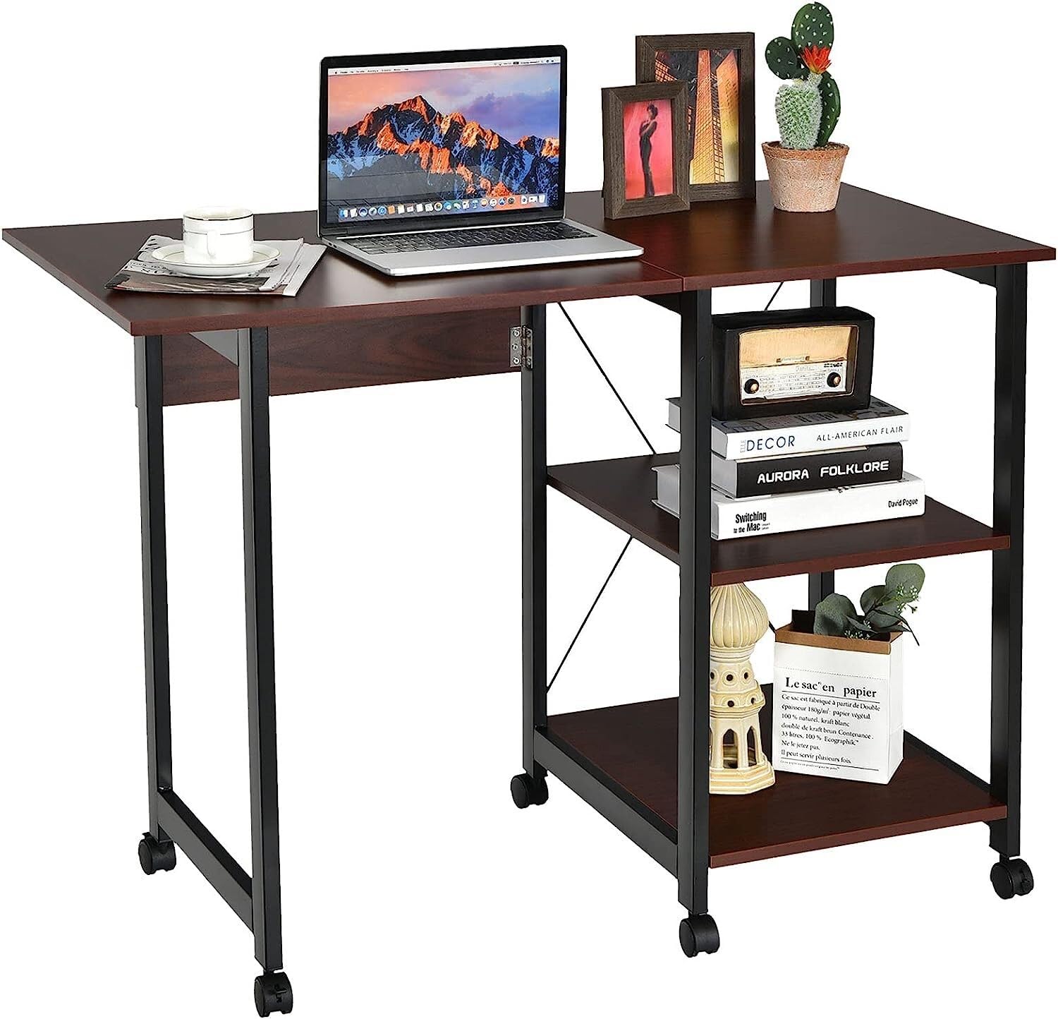 Standing Desk Folding Computer Desk 2-in-1 Mobile PC Laptop Table with Rolling Wheels and Storage Shelves Space Saving