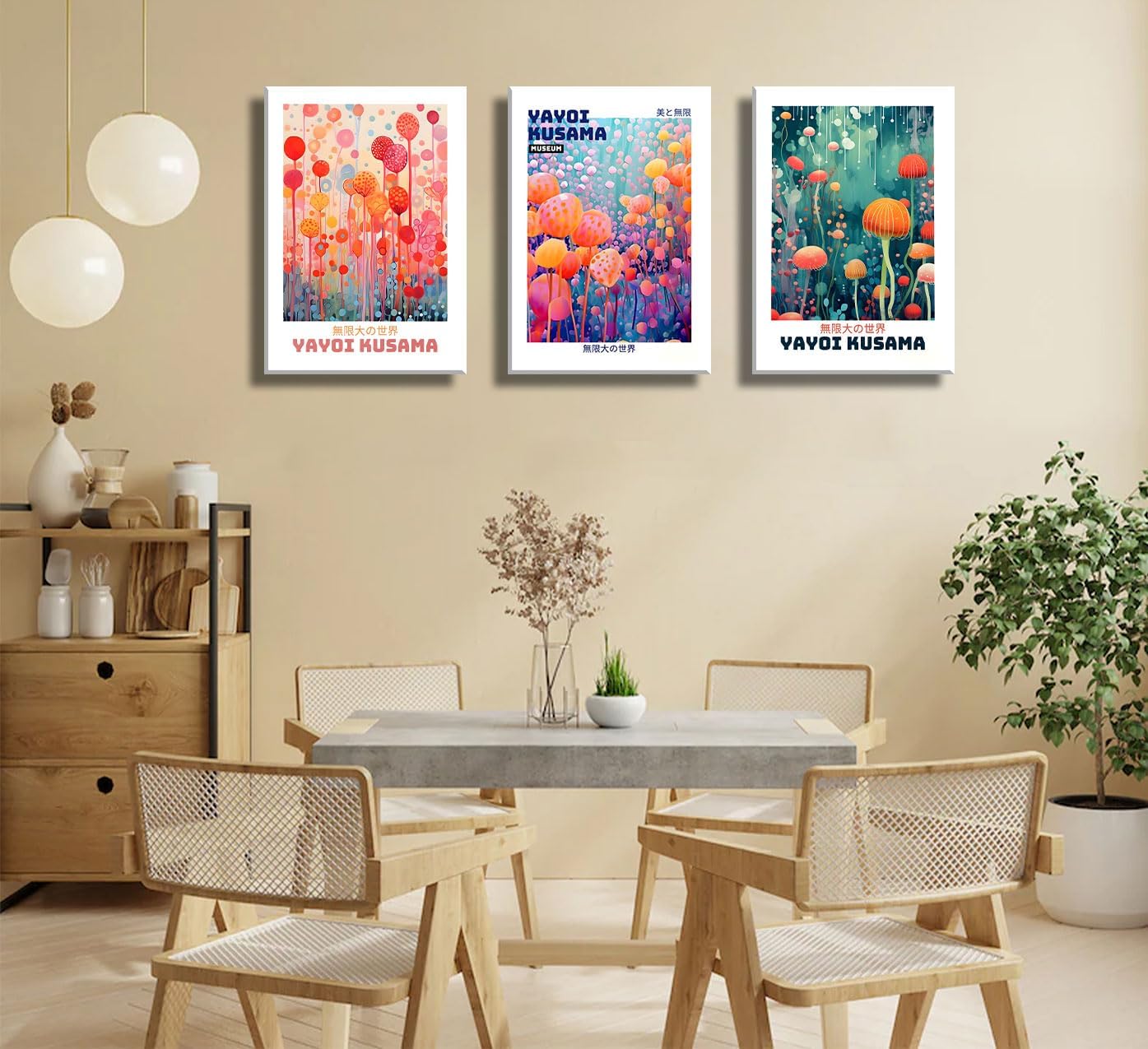 3 Pcs Yayoi Kusama Canvas Wall Art Abstract Japanese Botanical Wall Decor Pictures Vintage Tokyo Aesthetic Posters Prints for Bathroom Kitchen Gallery Living Room Bedroom Decoration