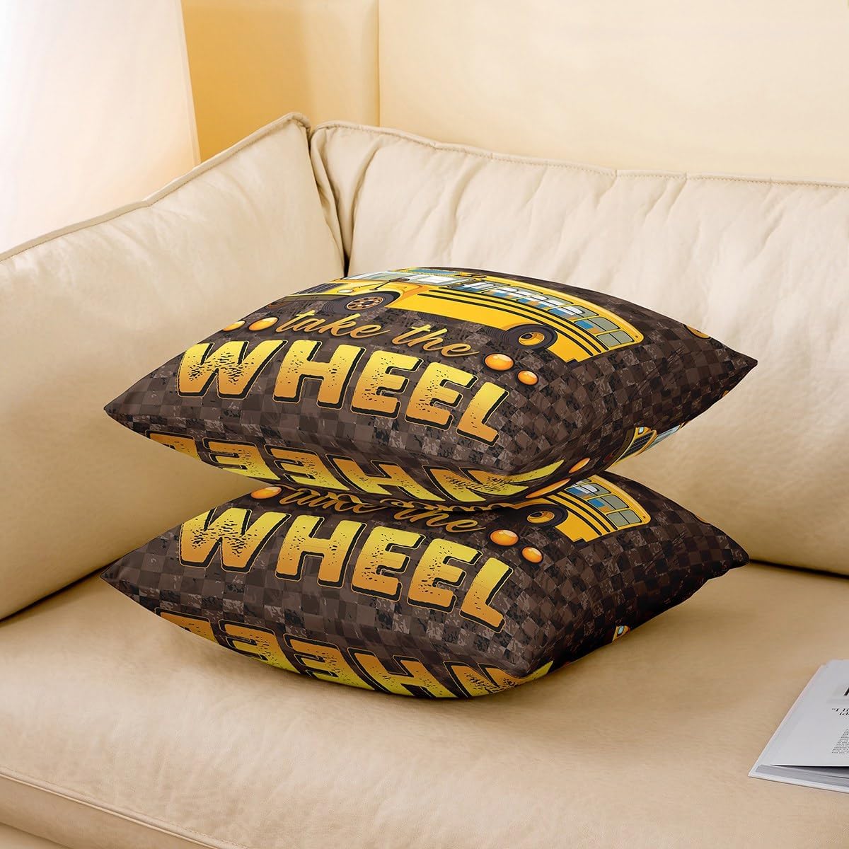 Pack Of 2 Kids School Bus Pillow Covers 22x22 Inch Yellow Cartoon Vehicle Cushion Covers Boys Cool Automobile Truck Transportation Throw Pillow Covers Brown Camouflage Decorative Square Pillow Cases