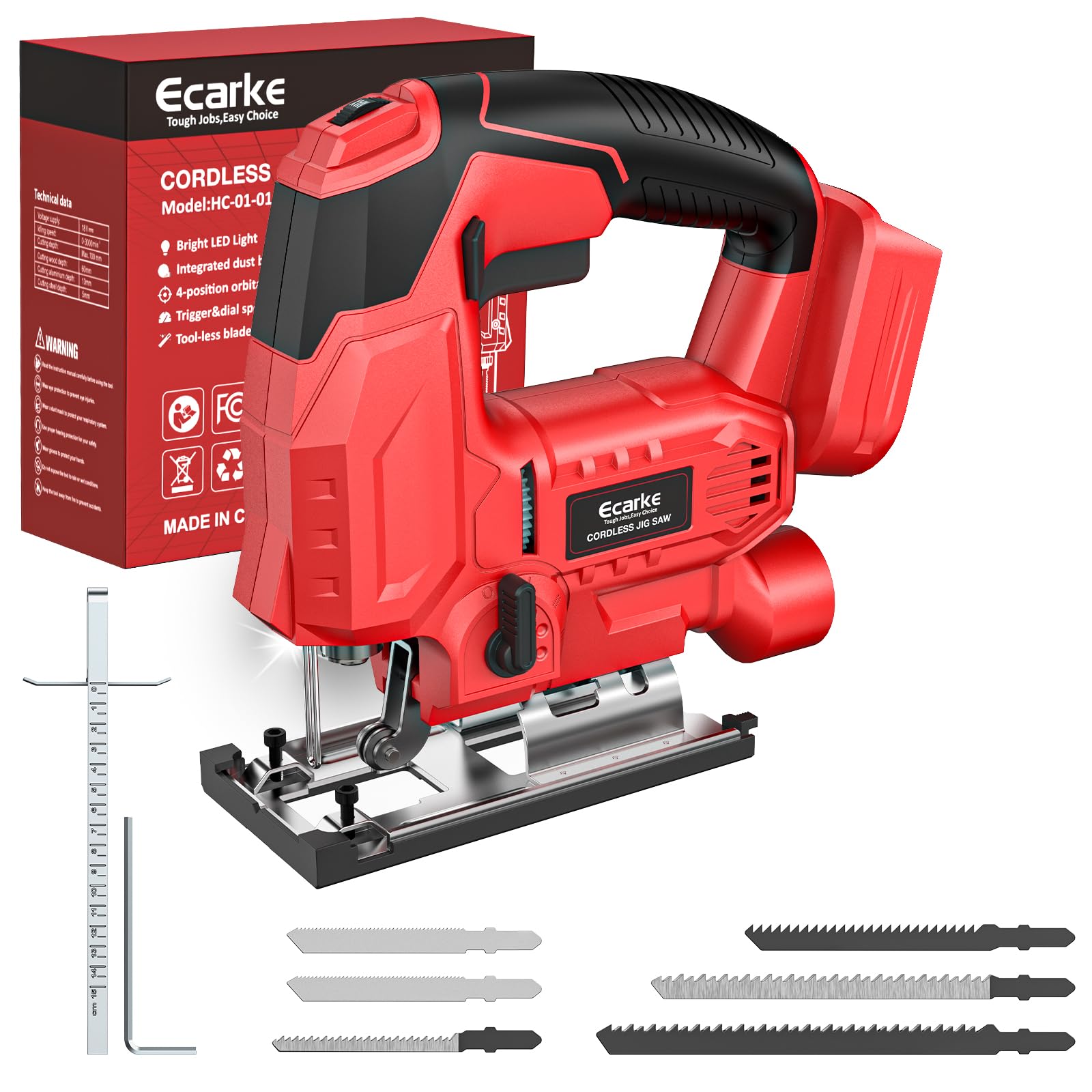 Ecarke Cordless Jig Saw Compatible With Milwaukee 18V Battery, 4 Orbital Sets, 6 Variable Speeds Control, Dust-Blowing, ±45° Bevel Cuts, LED Light &amp; 6PCS Blades for Straight Curve Cutting, Tool Only