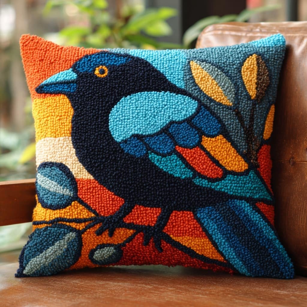Taxpy DIY Latch Hook Pillow Kit Pre-Printed Hook and Latch Rug Kits Crows 17X17 Inch.Cross-Stitch Embroidery Cushion Cover for Home Sofa Decoration
