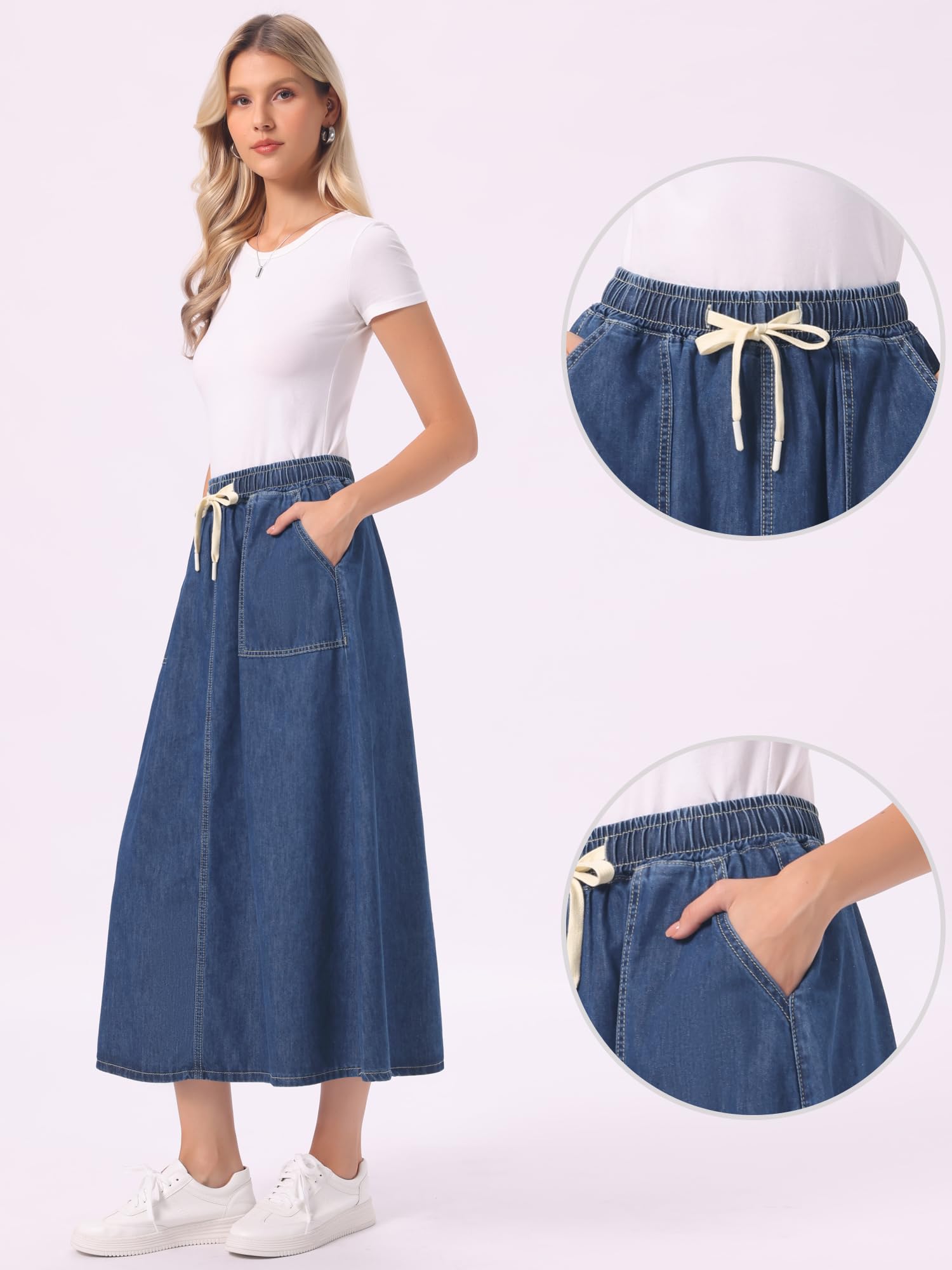 Allegra K Mujer Falda de Mezclilla Cintura Elástica Linea a Larga | Cintura Elástica Cinturilla Ajustable con Cordón Bolsillos de Parche Largo Maxi Tiro Alto Falda Vaquera