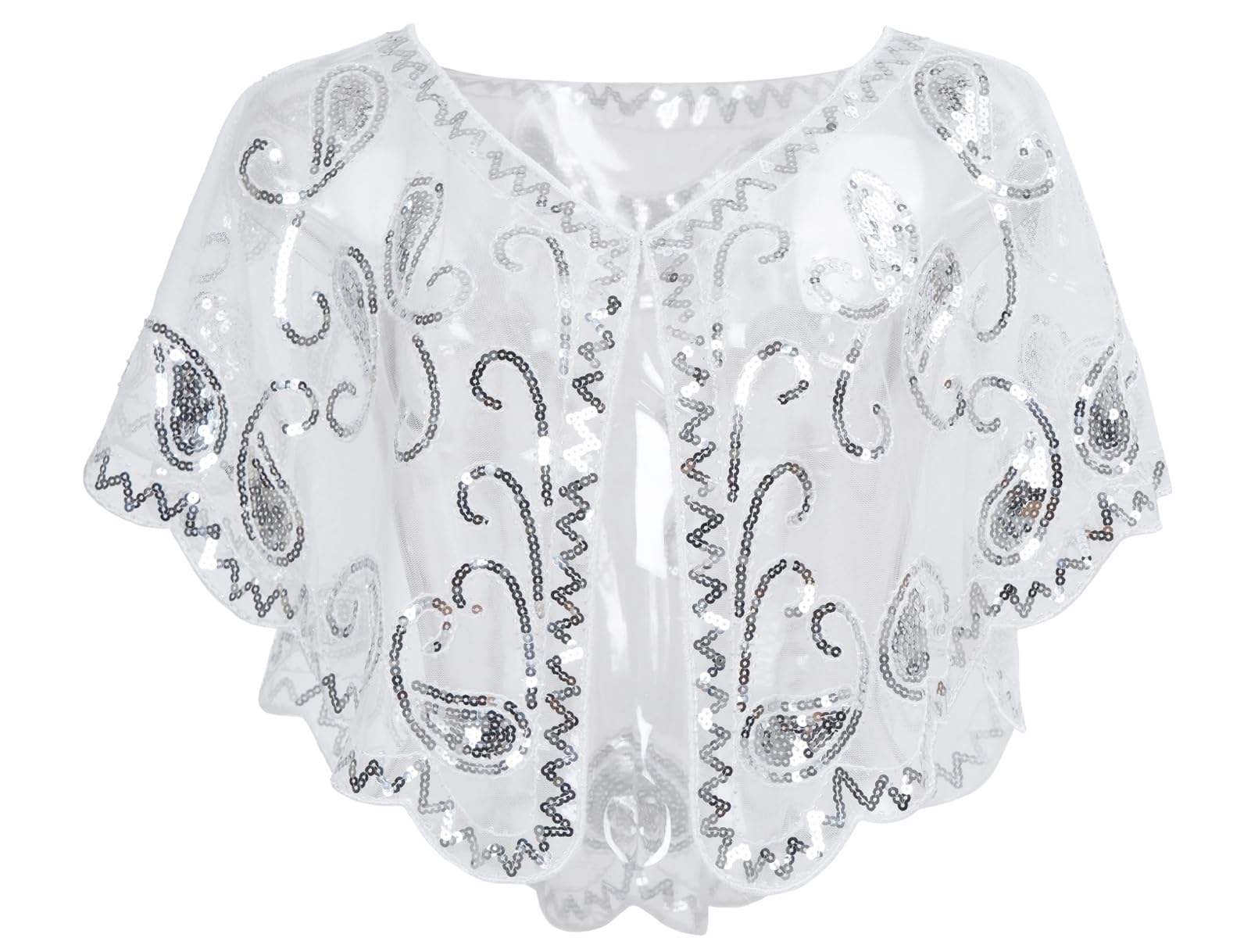Ausing Women's 1920s Shawl Sequin Evening Cape Flapper Shrug Great Gatsby Retro Tulle Shawls Vintage Mesh Shawl Wraps Shiny Short Art Deco Wrap Bridal Party Wedding Cover Up White