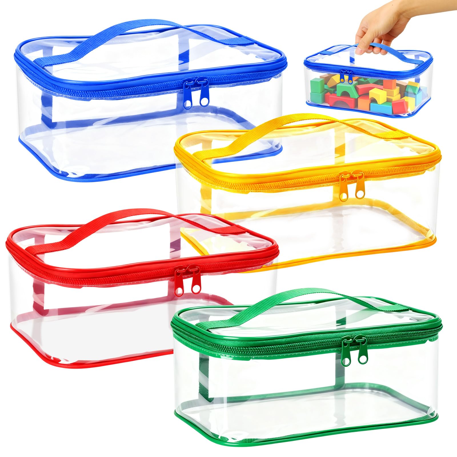 4 Stück PVC Aufbewahrungstaschen für Spielzeug, Transparente Spielzeug Aufbewahrung mit Reißverschluss und Griffen, Wasserdicht Spielzeugs Speicher Tasche für Puzzle, Bausteine