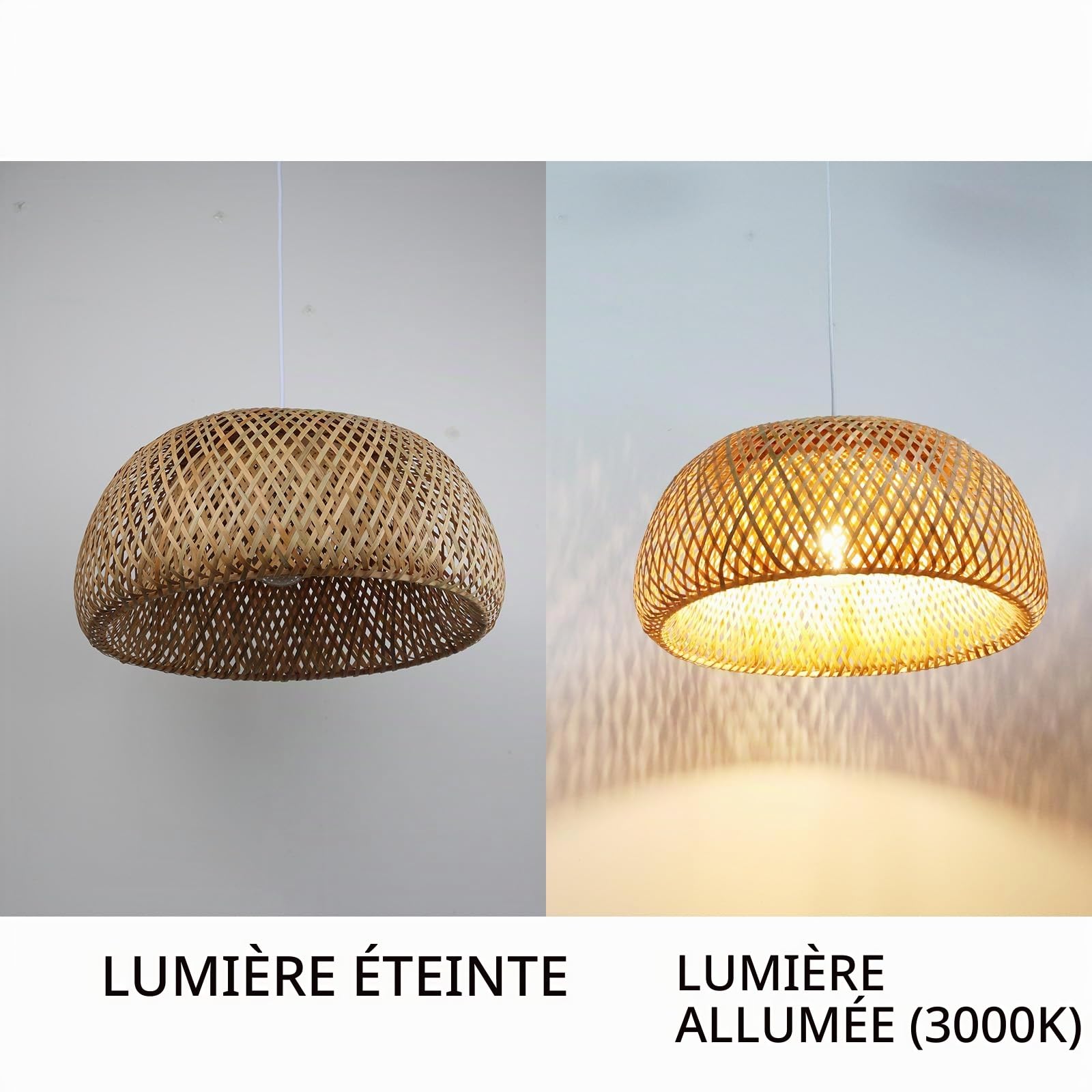 Alpinaluz Lampe Suspension en Bambou Tressé Beige Ø48cm avec Abat-jour Double Couche en Demi-Sphère, Douille en Bois E27 et Câble Blanc Ajustable, Idéale pour Salon, Salle à Manger et Chambre
