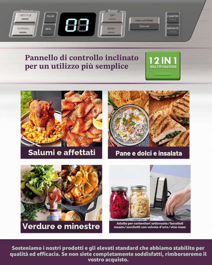 Mesliese Macchina per sottovuoto, 95kPa, 140W, con una sola mano, doppia striscia di tenuta con taglierina integrata e display conto alla rovescia, 2 rotoli di sacchetti