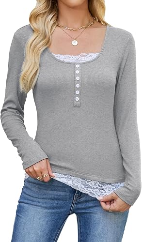 Long Sleeve Tops for Women 2025 Ribbed Henley Top Sexy Lace Spciling Y2K Shirt A