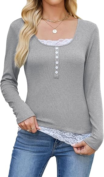 Y2k Shirt Women Long Sleeve Button Lace Patchwork Tshirt Tops Slim Fit Scoop Neck Henley Fall Tee