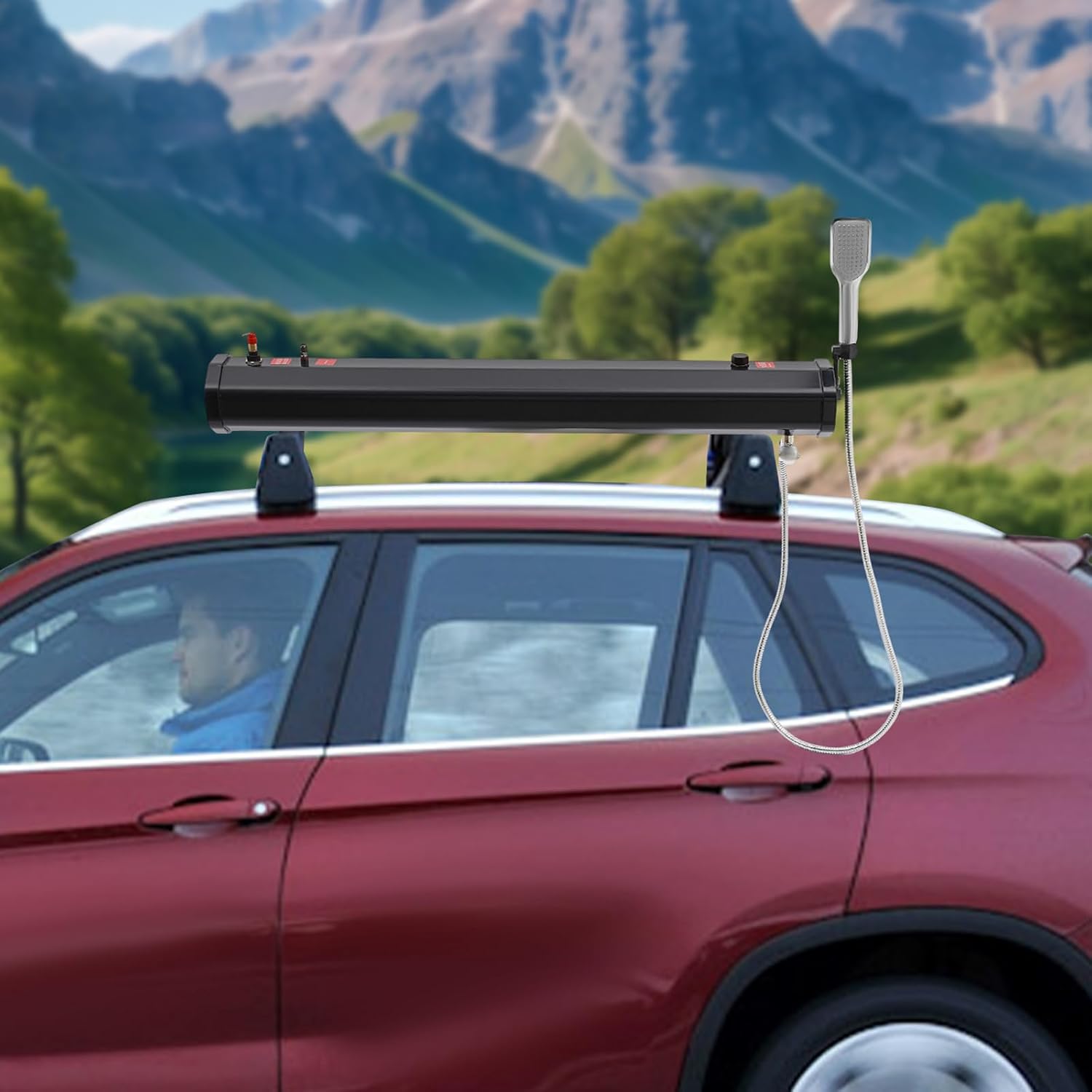 Portable Water Tank for Camping, 4.76 Gallon Roof Rack Mount Road Shower Water Tank w/Storage Bag and 5.58ft Hose, Outdoor Activities Water Supply for SUVs Sedans RVs Trucks