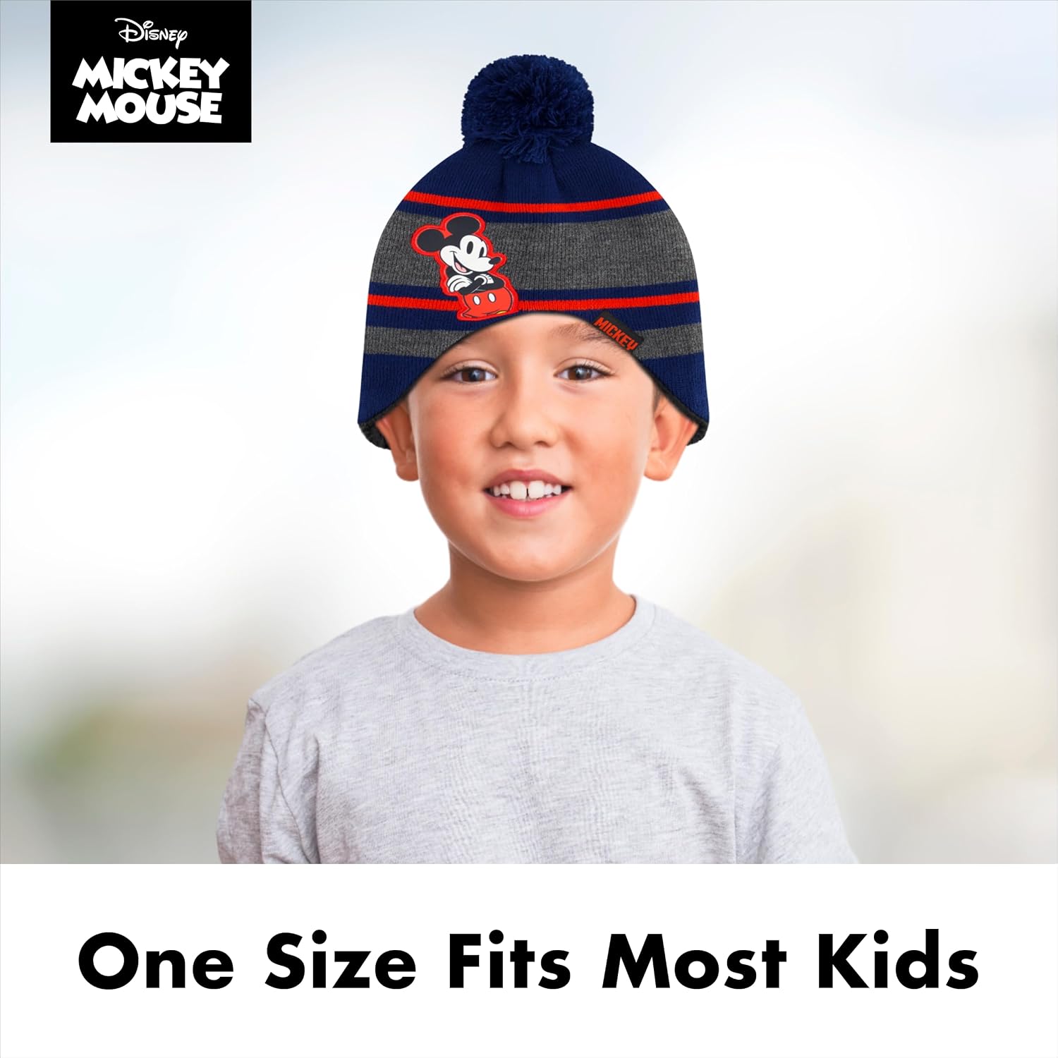 Disney Mickey Mouse Beanie Hat and Gloves Set, Boys Cuffed Peruvian Winter Knit Cap with Pom and Matching Mittens, Navy, One Size
