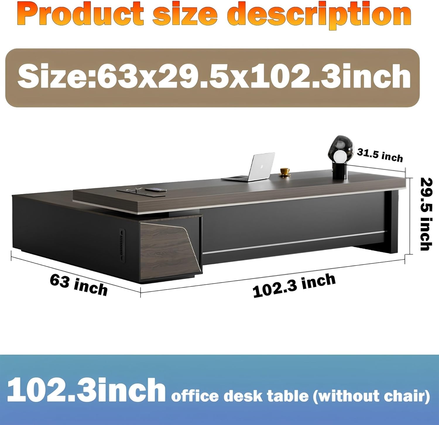 Modern Executive Desk, L-Shaped Large Computer, CEO Large Desk with Drawers and Combination Lock, with Double Side cabinets, Aluminum Wire Management (Chair not Included) (63x29.5x102inch)