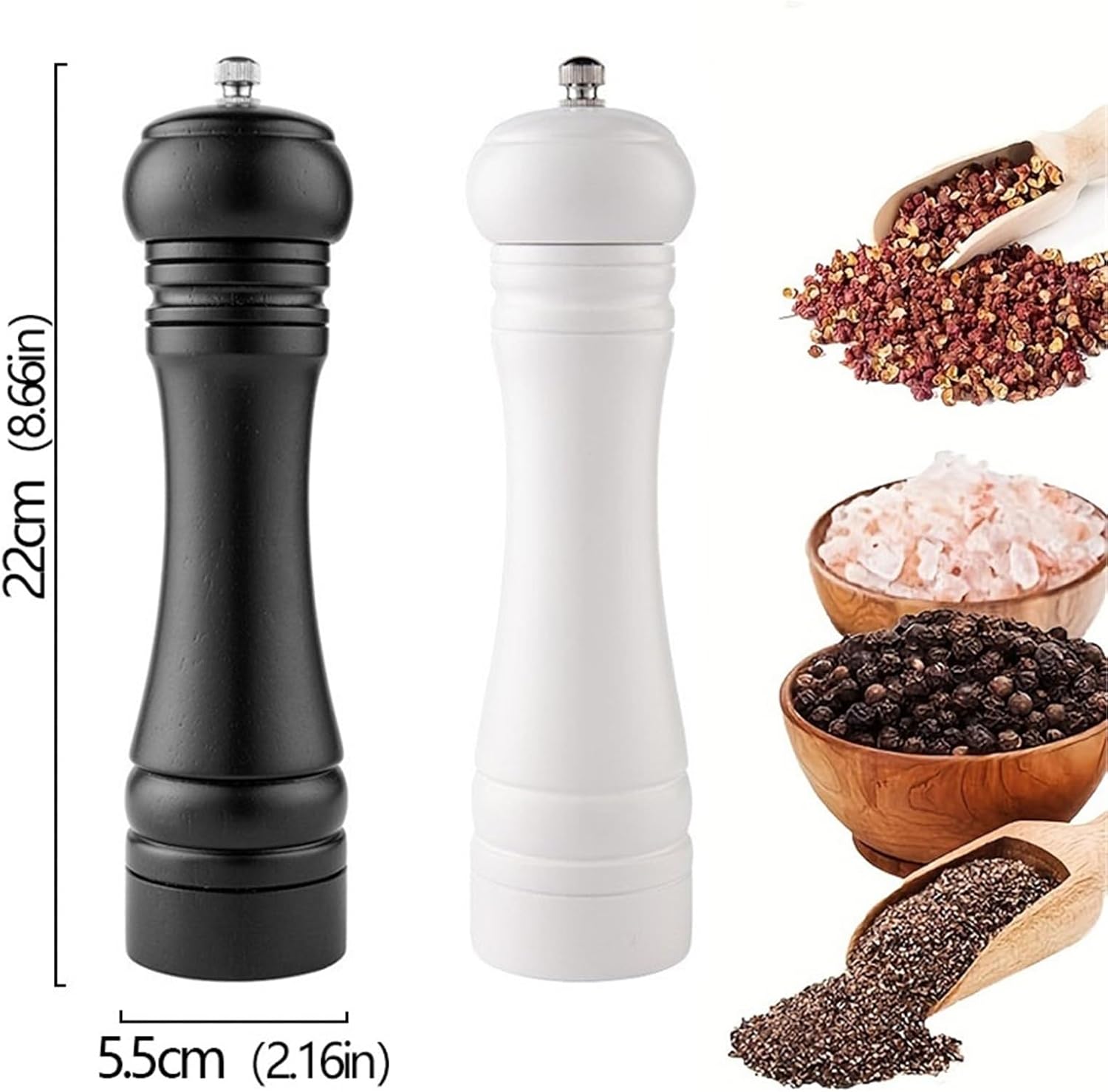 8‑Inch Manual Wood Salt and Pepper Grinder with Adjustable Ceramic Rotor, Kitchen Spice Mill(8inch white)