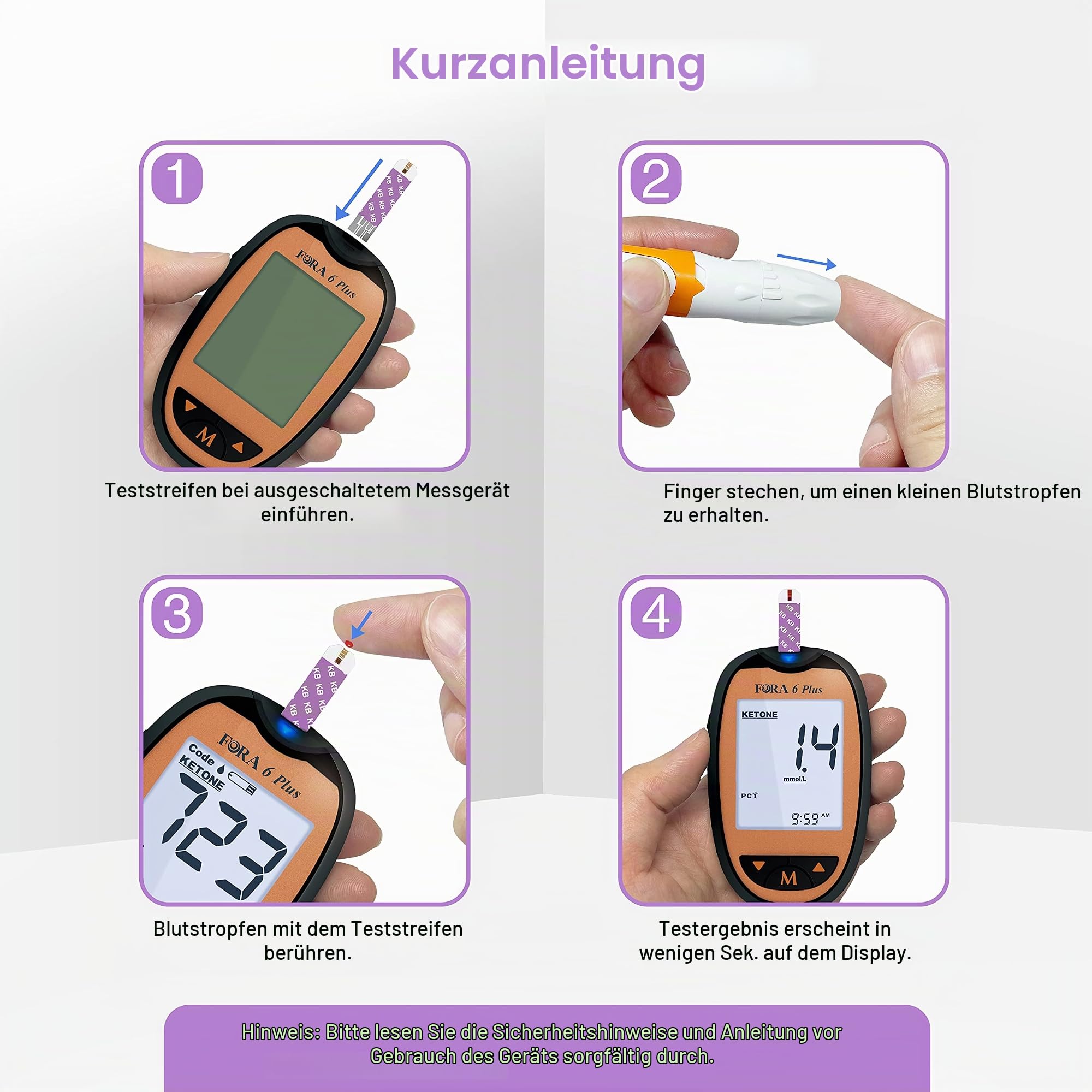 FORA 6 Plus- Multifunktions-Messsystem, Blutzucker (BG), Hämatokrit (HCT), Hämoglobin (HB), ß-Keton (KB), Harnsäure (UA) und Cholesterin (TCH), ohne Teststreifen