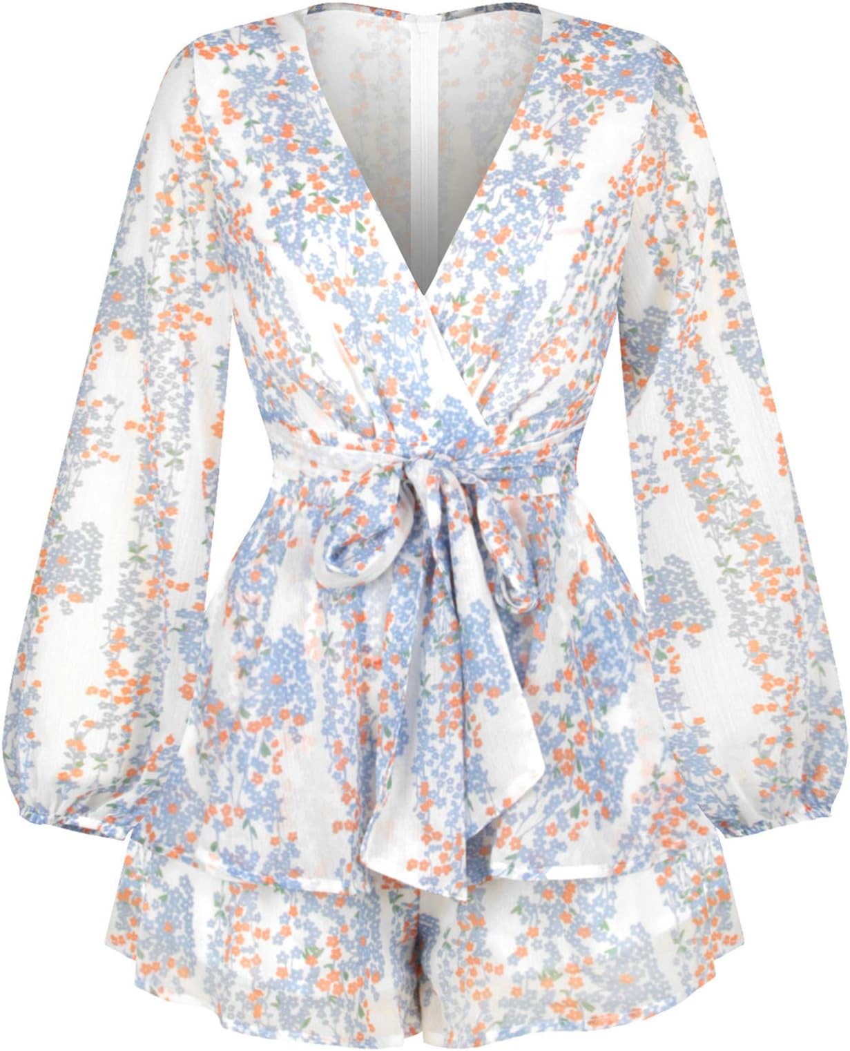 Women Cute Chiffon Short Jumpsuits Deep V-Neck Long Sleeve Polka Dot Ruffle Rompers