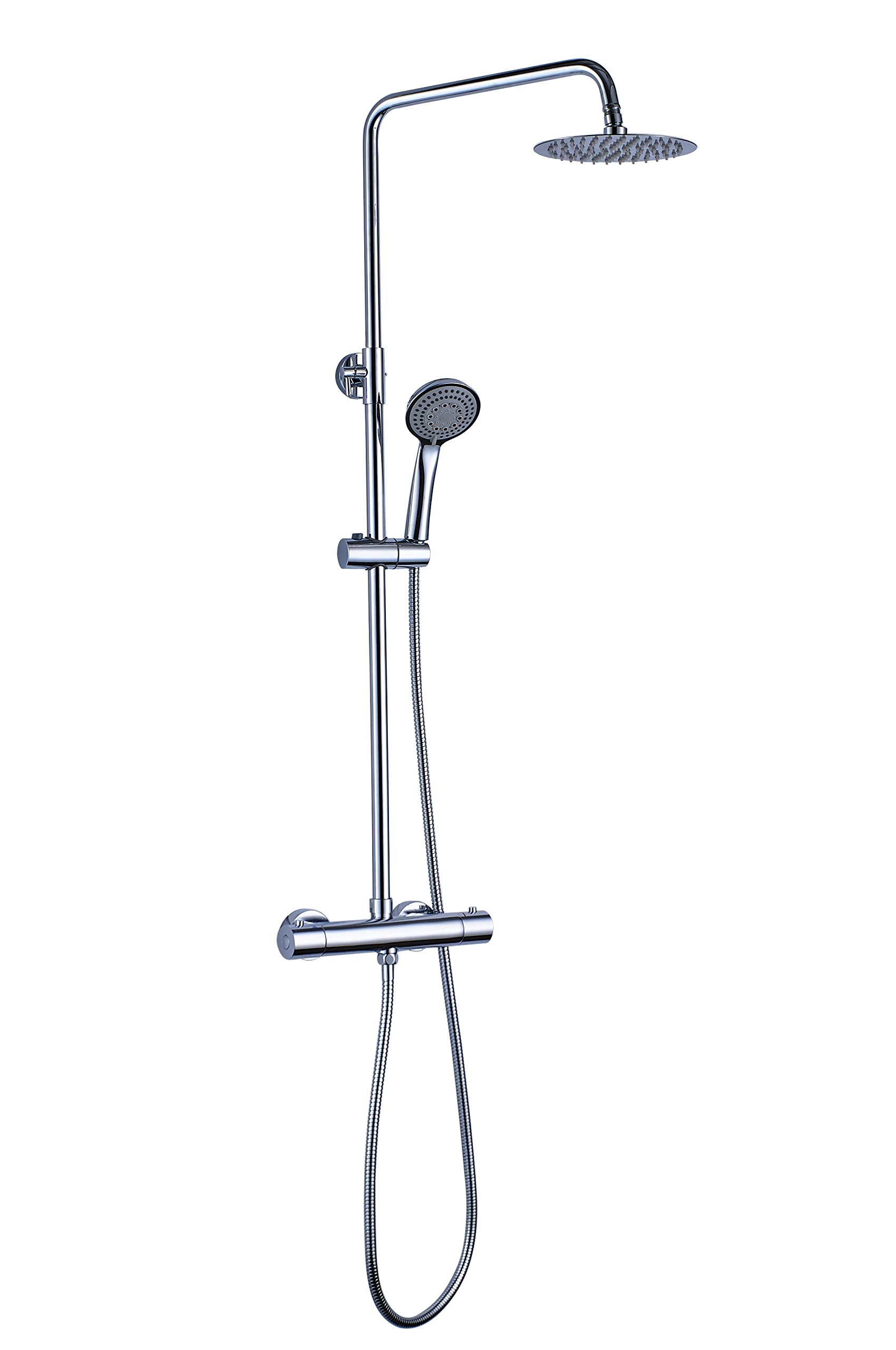 Columna de ducha termostática diseño redondo, con tubo extensible de 80 a 120 cm. Rociador extraplano de 20cm y ducha de mano de hidromasaje redondos. Recambios garantizados