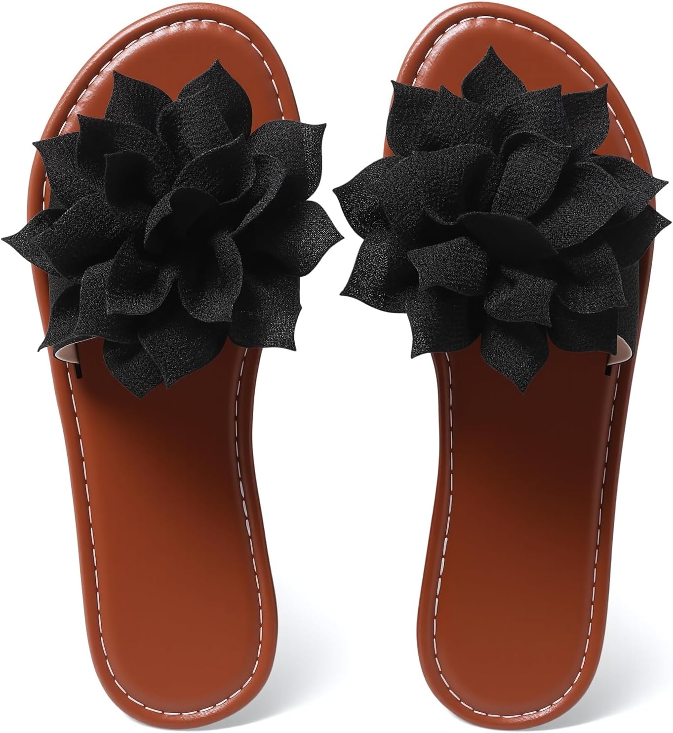 Women’s Round Toe Flower Flat Sandals, Soft Slides Open-Toe Summer Slippers