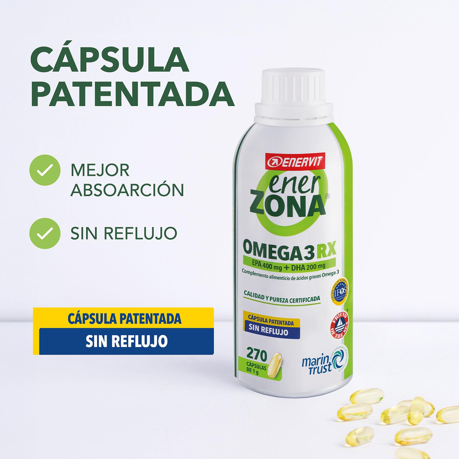 Enervit EnerZona Omega 3RX, Sin Retrogusto, Certificado IFOS, Suplementos de Ácidos Grasos Omega 3 EPA y DHA para Corazón, Vista y Cerebro, Sin Gluten, 270 Cápsulas de 1g