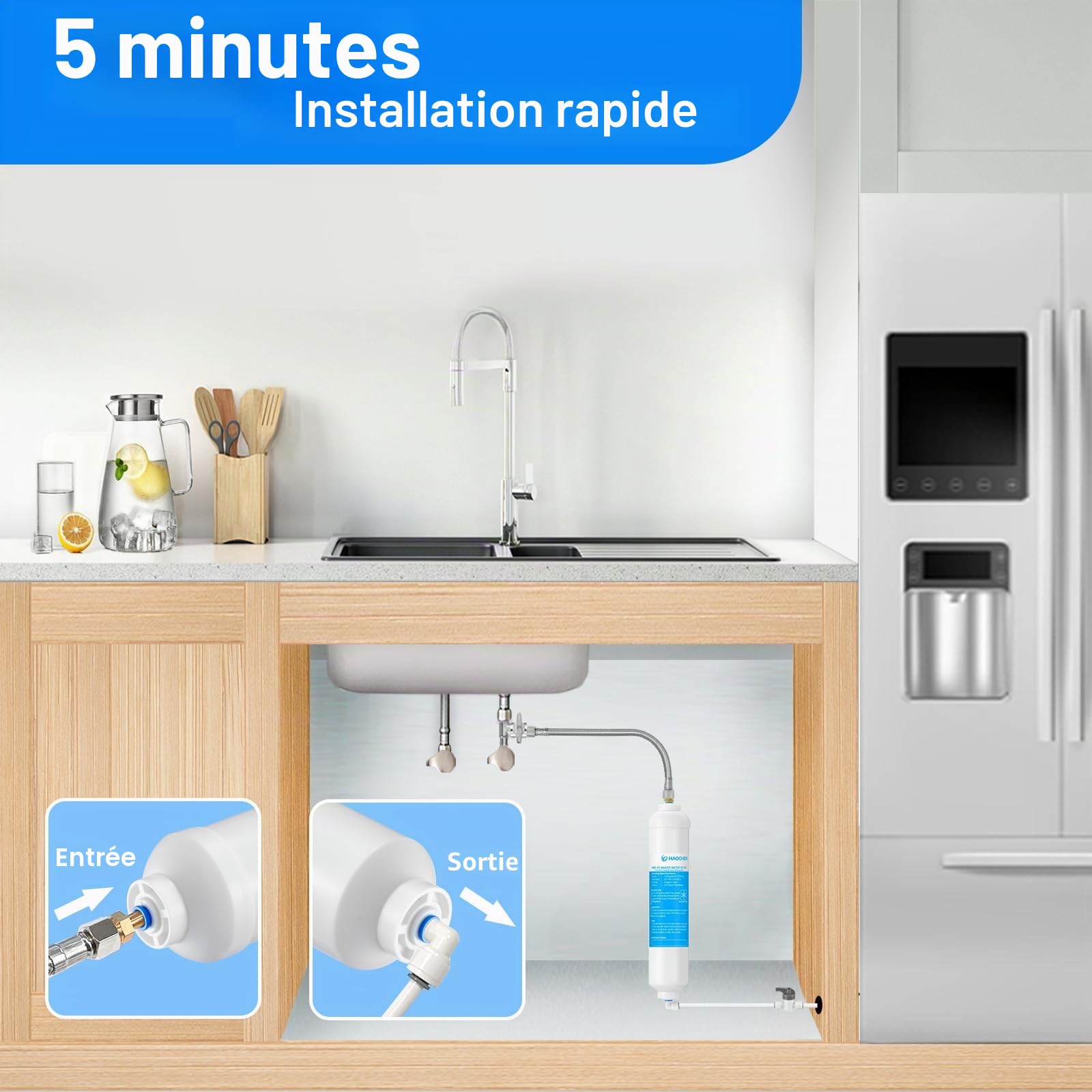 Filtre à eau en ligne pour machine à glaçons et réfrigérateur, filtre à eau de 1/4" à connexion poussée idéal pour machine à glaçons et post-carbone de système RO (osmose inverse)