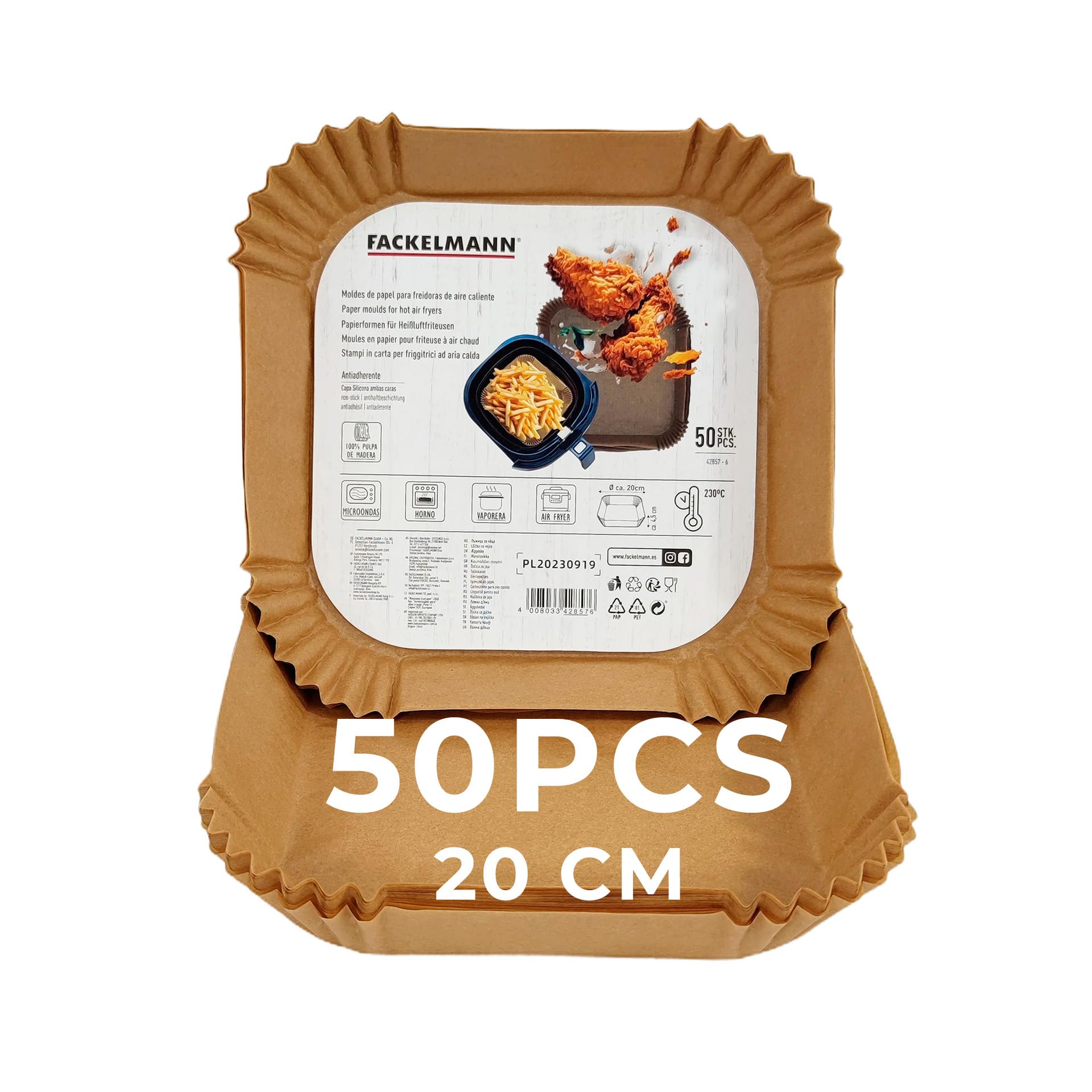 Fackelmann Bandeja de Papel para Freidora de Aire, Papel Air Fryer Cuadrado, Antiadherente y Resistente hasta 230ºC, Accesorios Freidora de Aire, 20x4.5 cm, 50 uds, Apto para Cosori, Cecotec y más