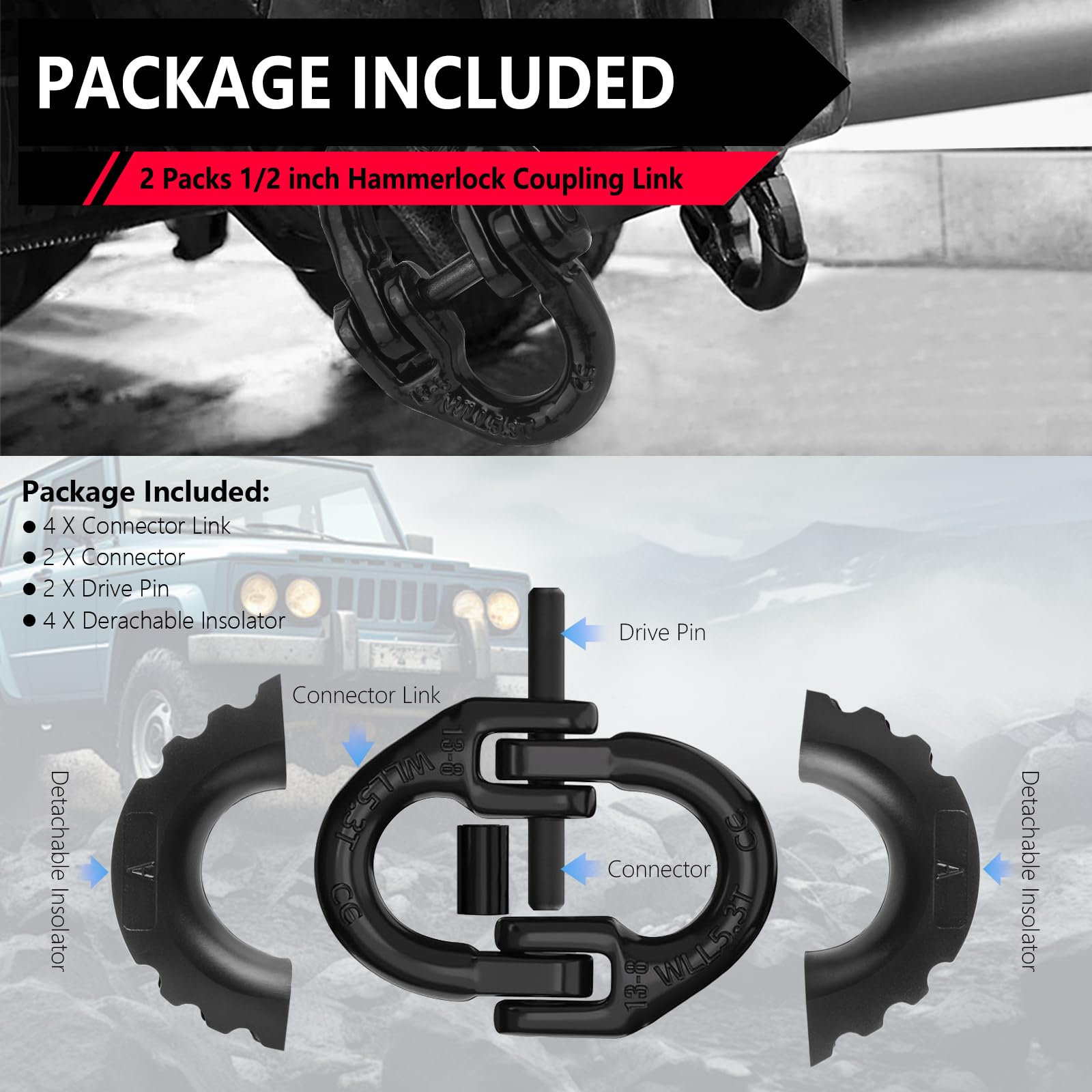 Accessorio per rimorchio, confezione da 2 pezzi, 1/2", connettore per catena di sicurezza nero, gancio di traino G80, gancio di bloccaggio per rimorchio, carico 5,4 kg