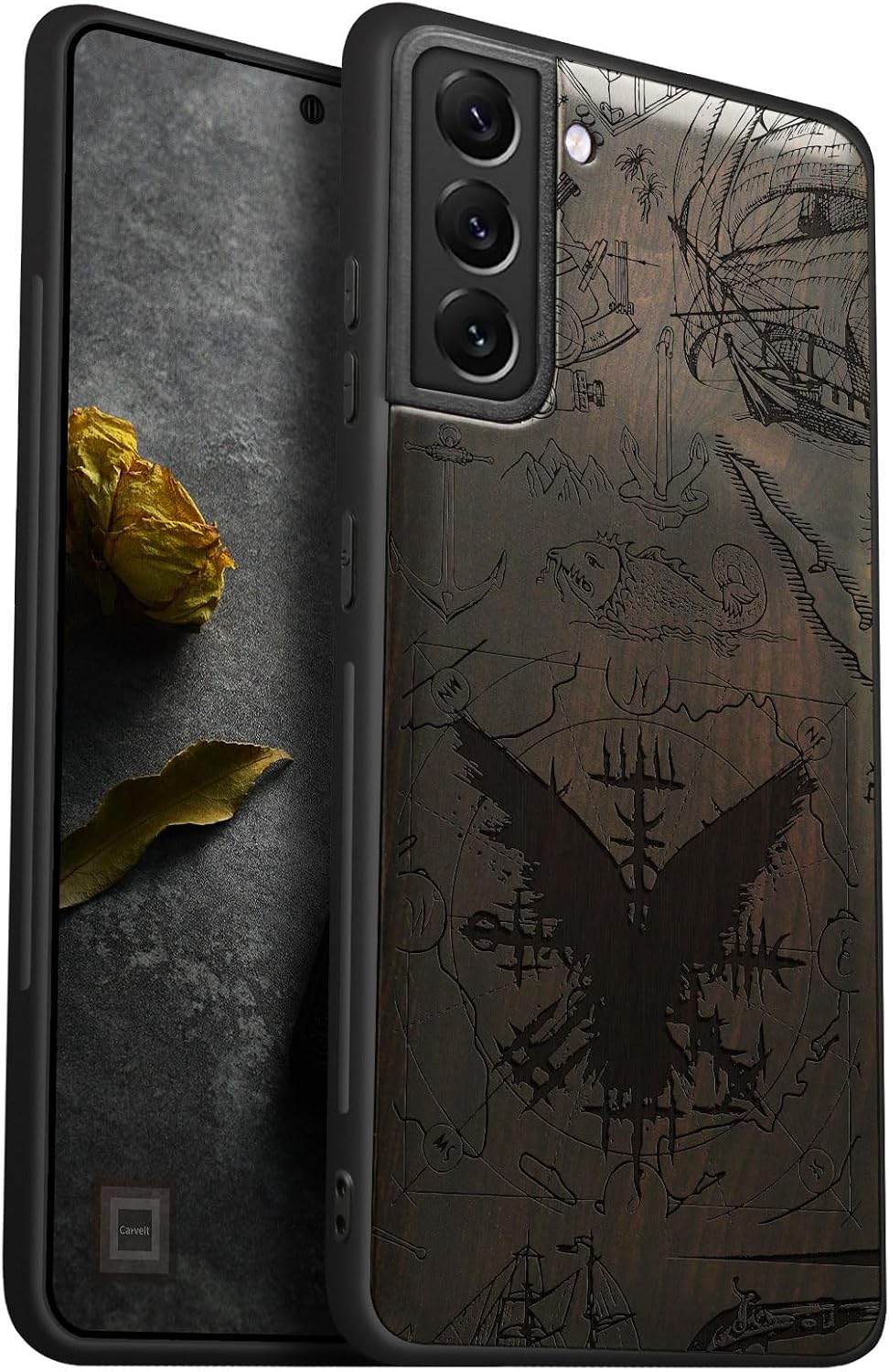 Carveit Wood Case for Galaxy S21 Plus Case [Natural Wood & Black Soft TPU] Shockproof Hybrid Protective Unique Wooden Cover Compatible with S21 Plus (Vegvisir-Blackwood)
