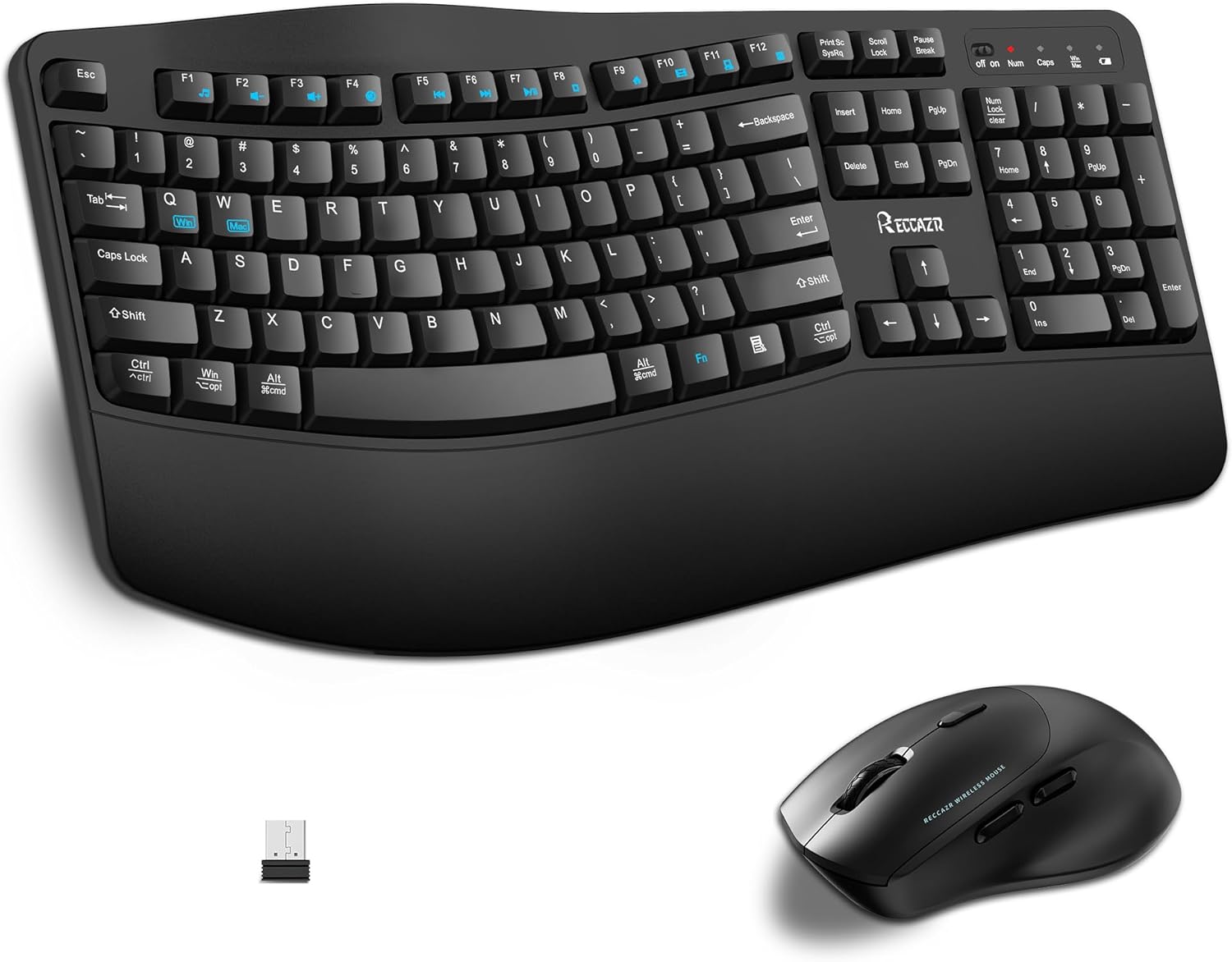 Wireless Keyboard and Mouse Combo, Full Size Wave Keys Ergonomic 2.4G Keyboard with Wrist Rest for Natural Typing, 3 DPI Adjustable Ergonomic Silent Mouse for Computer/Laptop/Windows/Mac (Black)