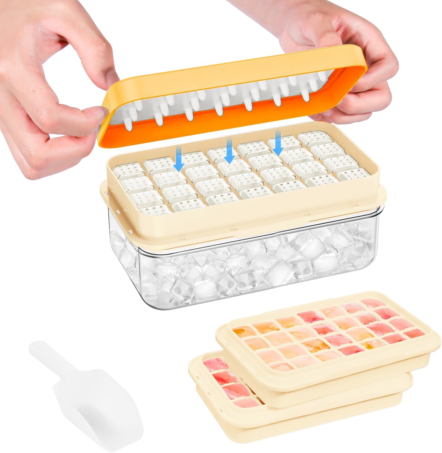 PHINOX Ice Cube Tray with Lid and Bin, Ice Trays for Freezer, Flexible Ice Cube Trays, Making 56 pcs Ice Cubes, Chilling Cocktail, Whiskey, Coffee, with 2 trays, Ice Container, Scoop&Cover, BPA Free