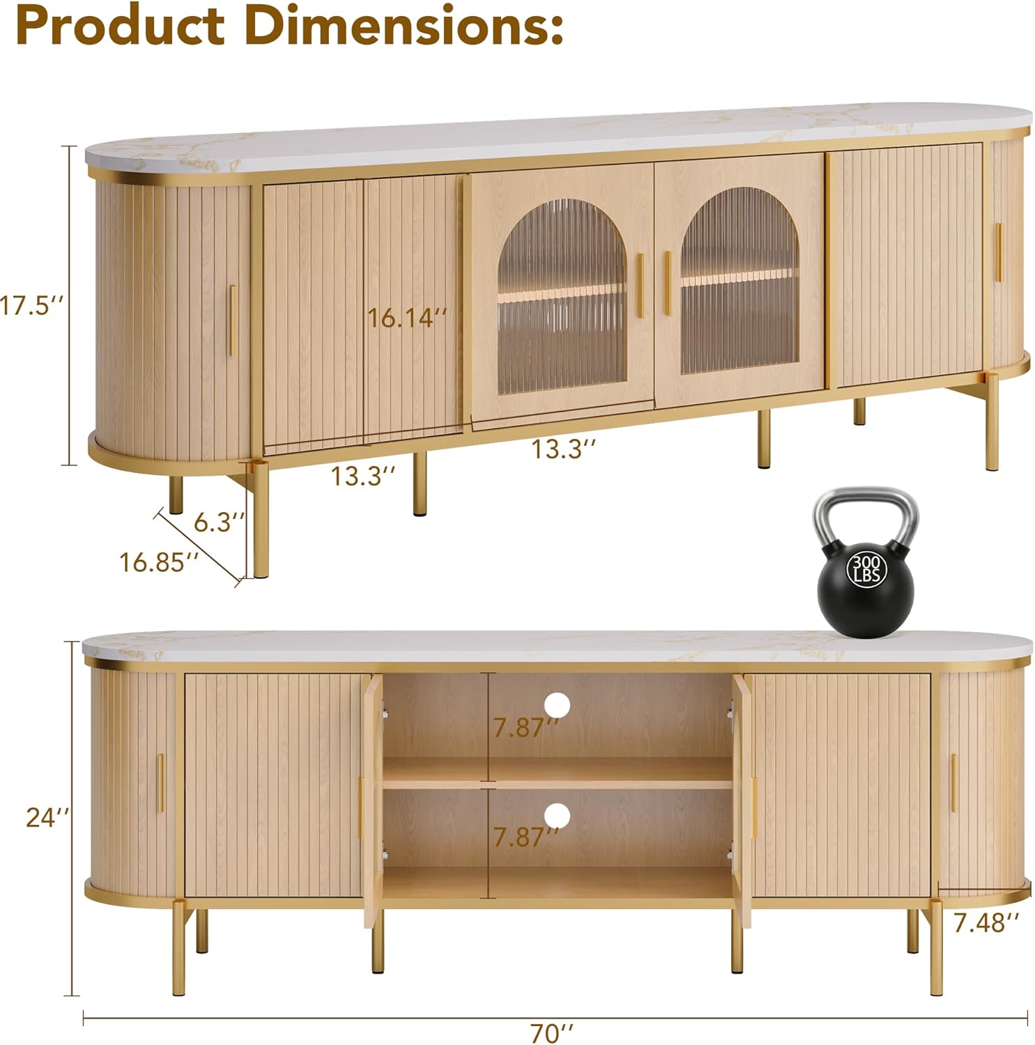 70" Fluted TV Stand, Modern Entertainment Center with Reeded Glass Door, Ajustable Shelves & Sliding Doors, TV Console with Large Storage Space, Media Console for Living Room, Oak