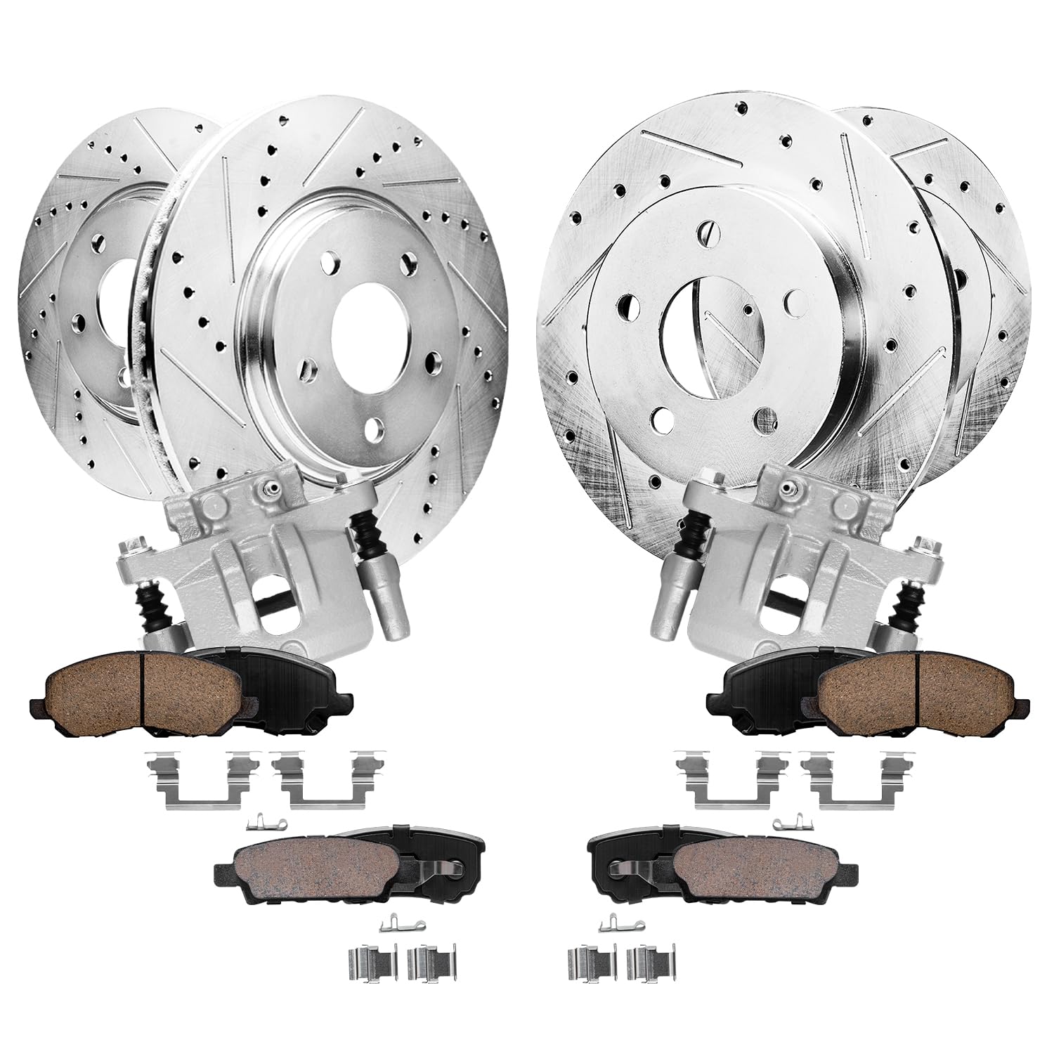 Detroit Axle - Front &amp; Rear Brake Kit for 2007-2017 Jeep Compass Patriot | 2011-2014 Chrysler 200 2007-2010 Sebring 2008-2014 Dodge Avenger 2008-2012 Caliber Drilled Rotors Brakes Pads 2 Rear Calipers