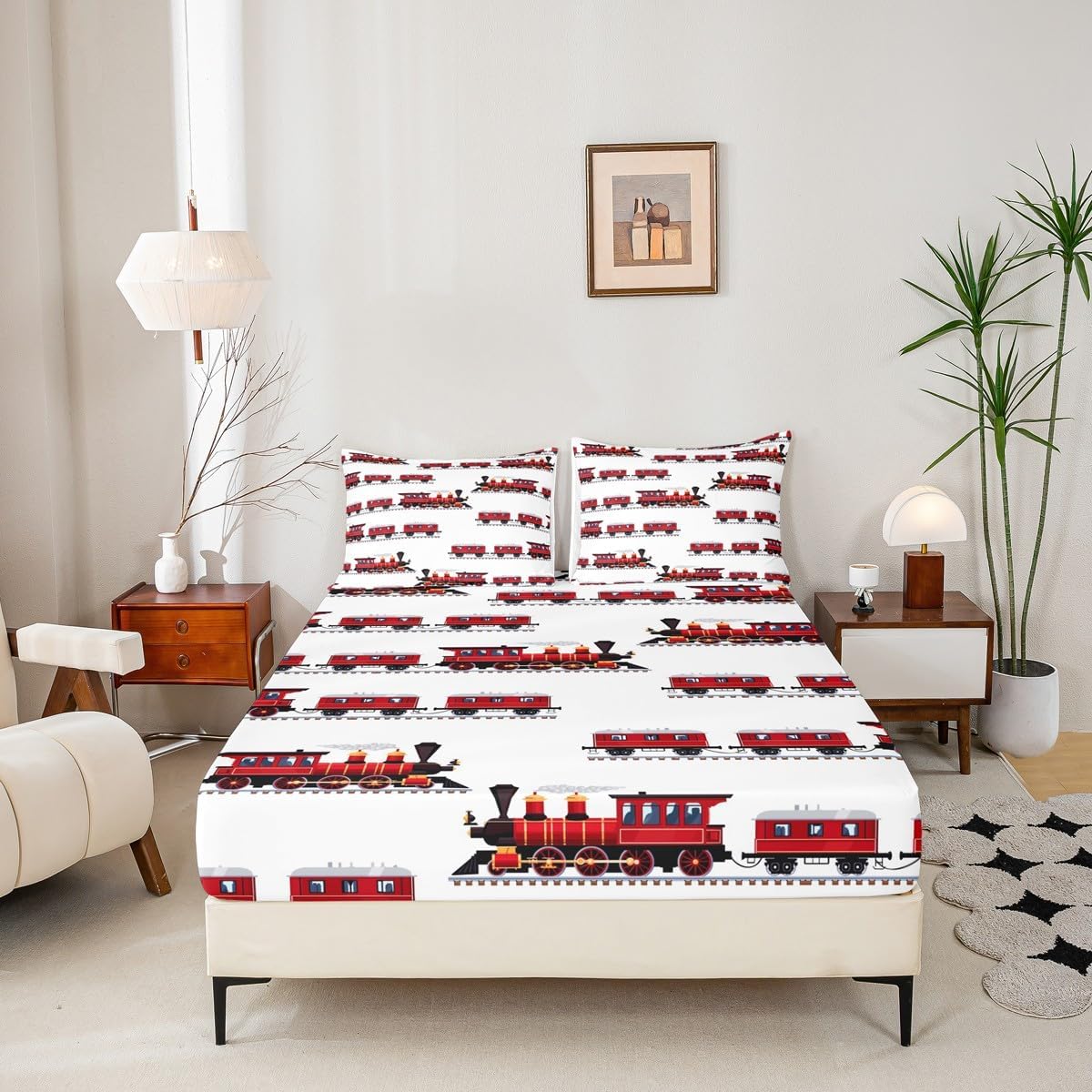 Red Train Fitted Sheets Full Size,Cartoon Choo-Choo Bedding Set 3Pcs Kids Teens Woman Room Decor,Steam Engine Car Bed Sheet Modern White Deep Pocket Sheet,No Flat Sheet