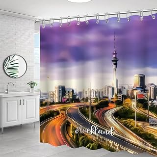 California Auckland Shower Curtain with Hooks Auckland Scenery Cityscape Bath Curtains Waterproof Fabric Polyester Shower Curtain for Bathtub Home Bathroom 72" X 72"