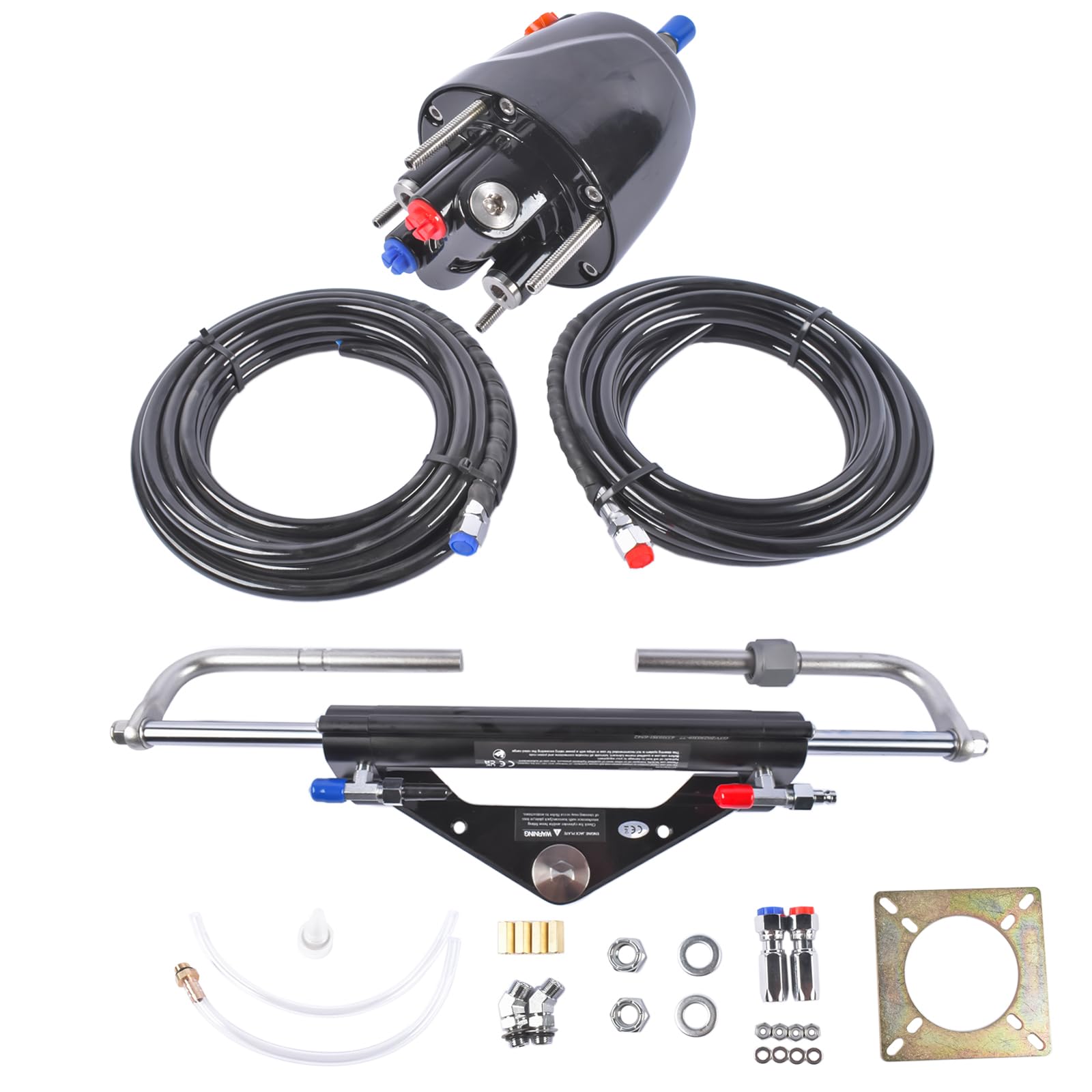 AKWH 150HP Hydraulic Outboard Steering Kit, Two-Way Locking Cylinder, 2X 20FT Hydraulic Hoses & 150HP Pump, Single-Station Setup, Single-Engine use