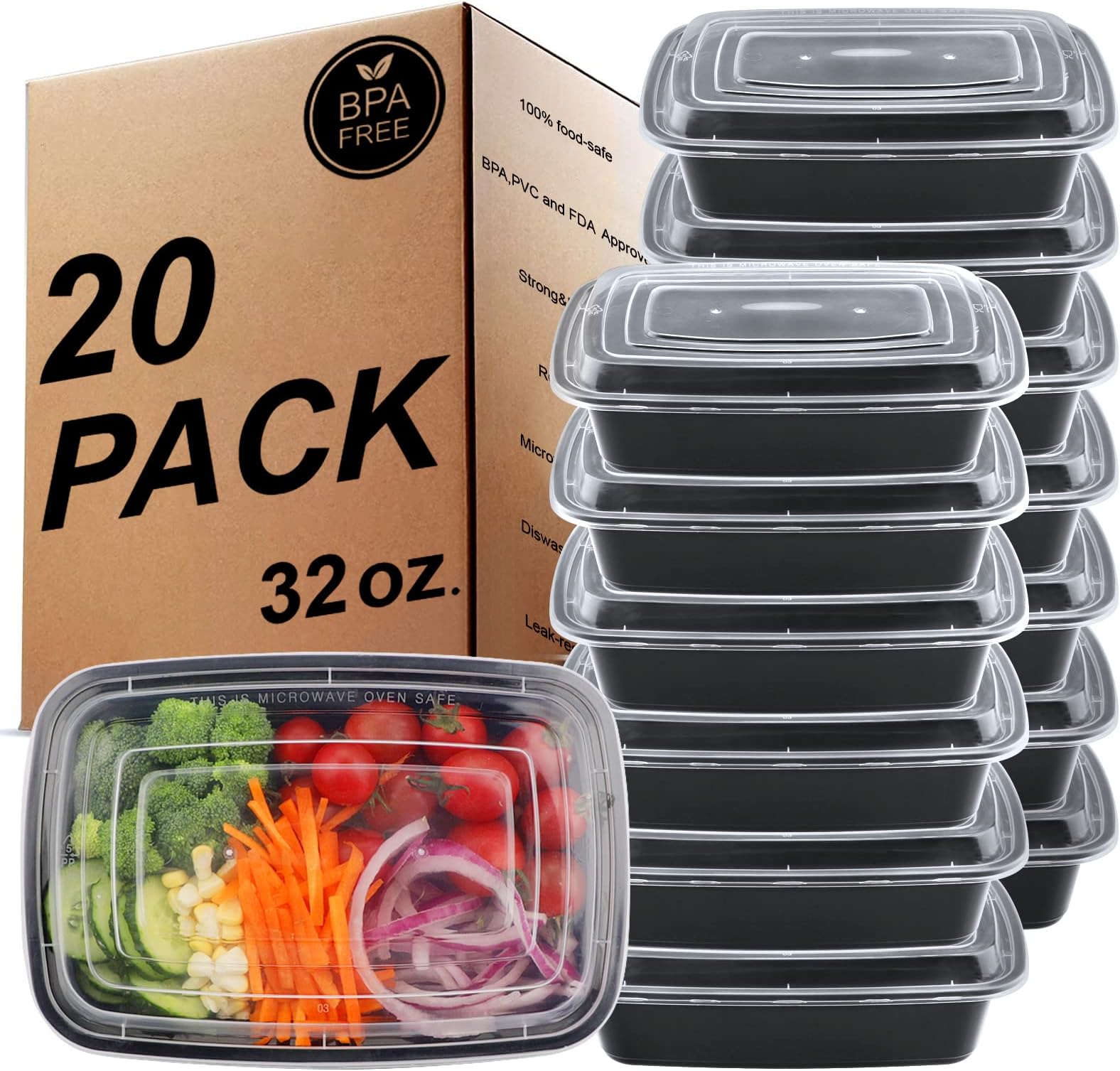 KINGHON 20 Pack Meal Prep Containers - 1000ml/32oz Container for Food Prep - 1 Compartment BPA Free Reusable Food Storage boxes with Lids