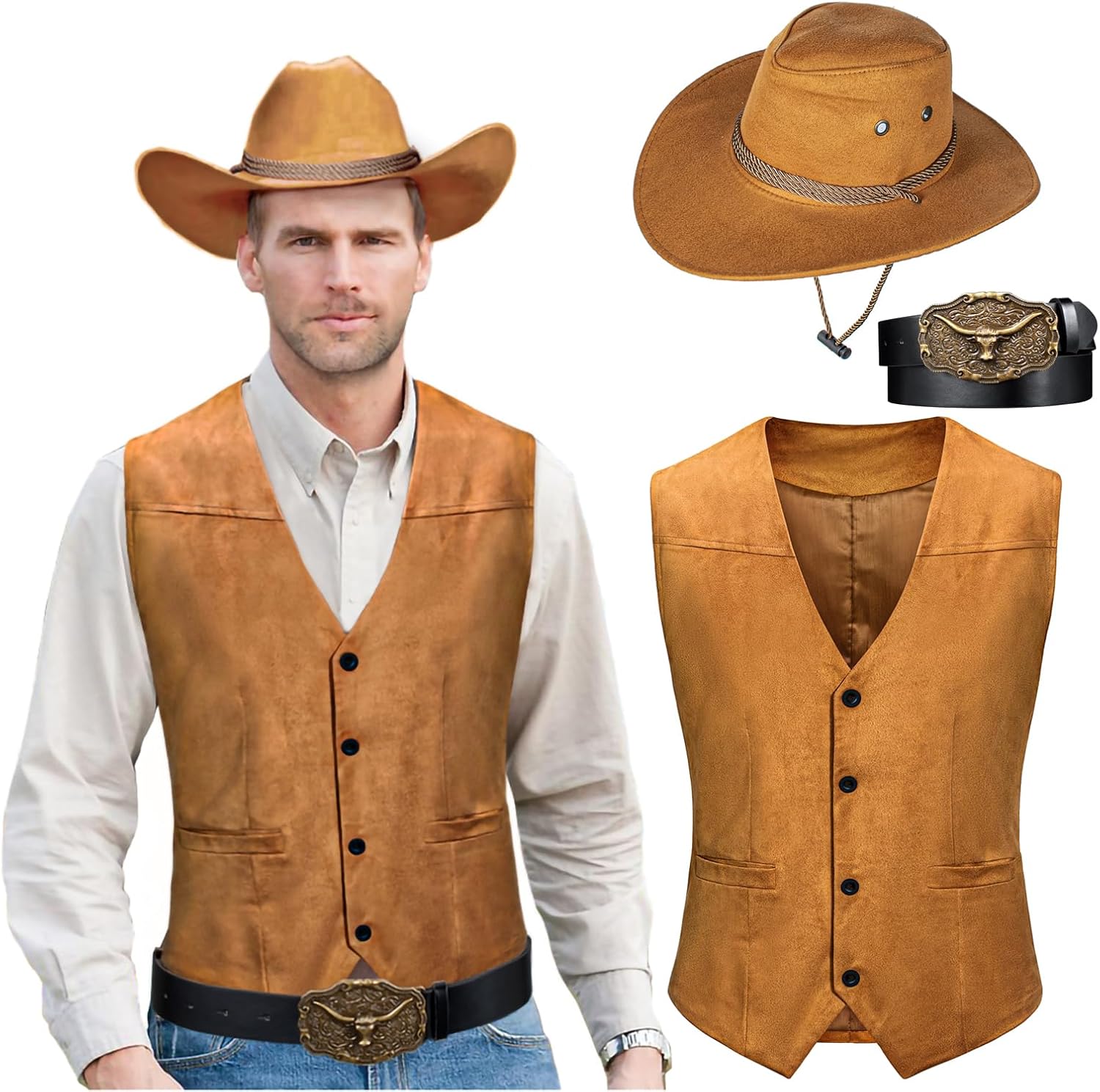 KAIPUTE Western Cowboy Costume Men's Vest Hat Belt for Adult Halloween Party Cosplay