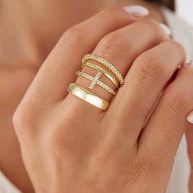 Gold Stackable Rings for Women - Dainty 14K Really Gold Plated Cross Stackable Rings Thumb Ring Set Trendy Statement Promise Wedding Bands Engagement Ring for Women