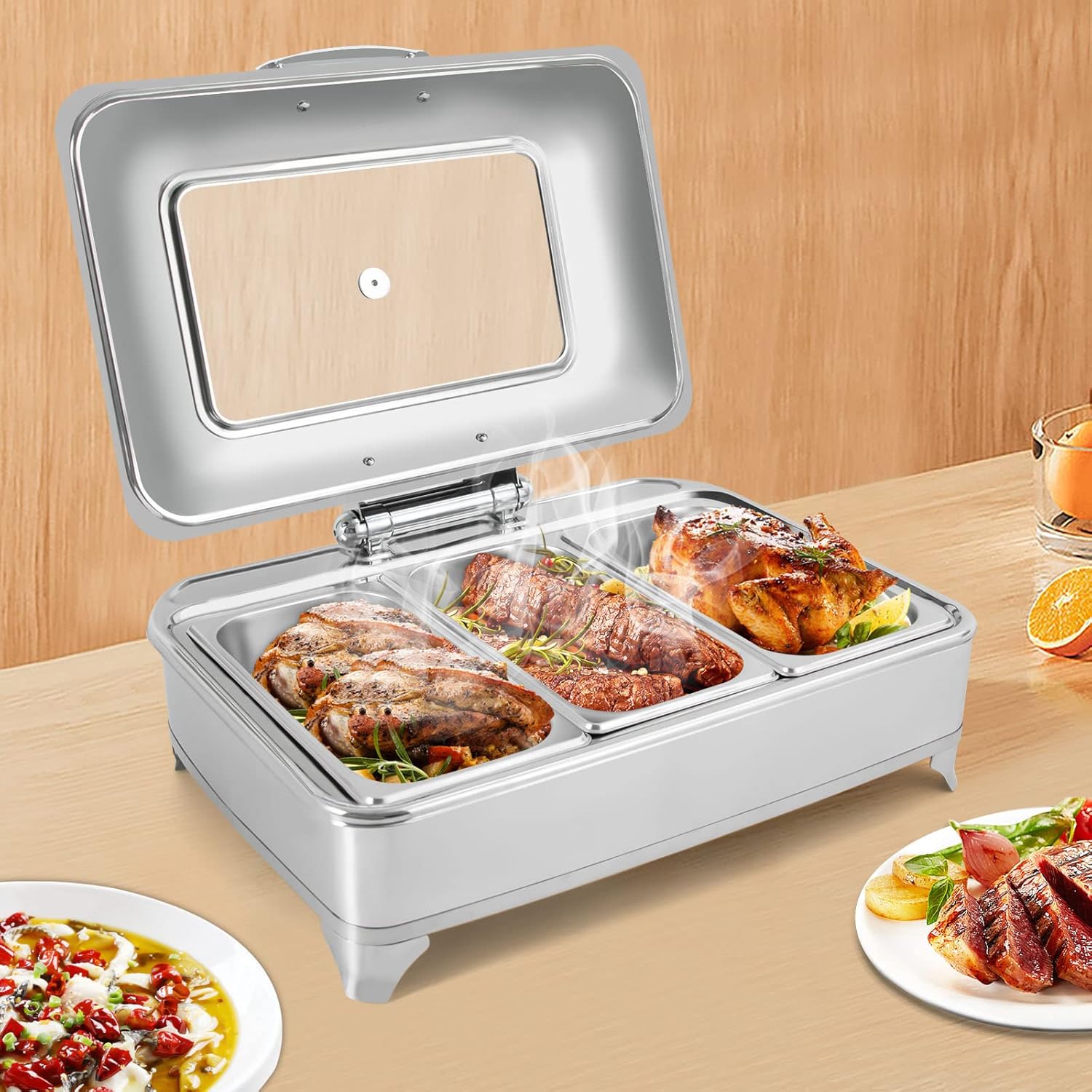 Electric Chafing Dish 3 Pan 9.5QT Food Warmers for Parties Buffets with Clear Cover