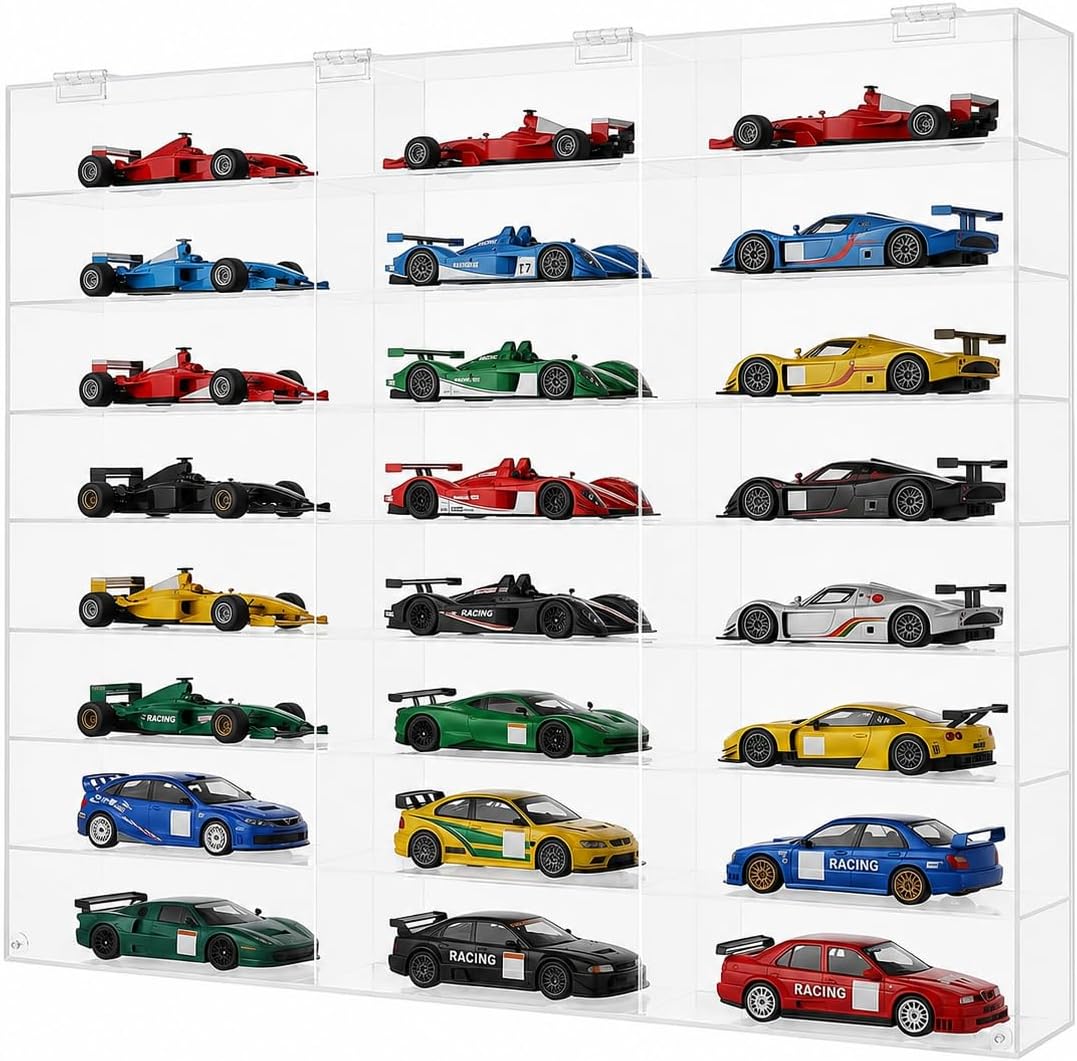 Clear Acrylic Display Case, 1/24 Toy Cars Storage Organizer, Dustproof Display Case for Wall Mount Display & Desktop Display, 23.6 x 29.1 x 3.93 Inches, 8 Levels 24 Slots