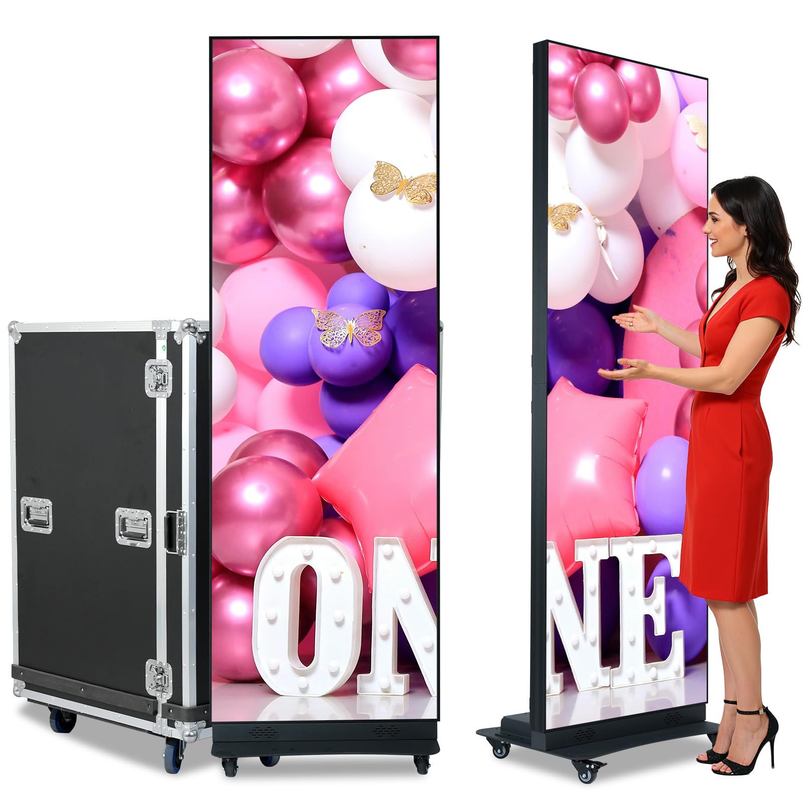 80" P1.86 LED Digital Signage Display, Foldable Portable LED Poster Screen with GOB Protection, Seamless Splicing Indoor Commercial Advertising Video Wall, Flight Case, 2 Units