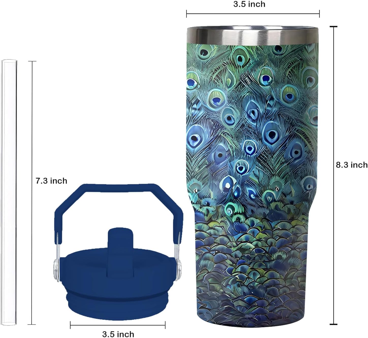 30 oz Peacock Tumbler with Handle and Flip Straw, Colorful Bird Coffee Mug Water Bottle Stainless Steel Cup, Valentines Birthday Gifts for Animal Lovers - Image 2