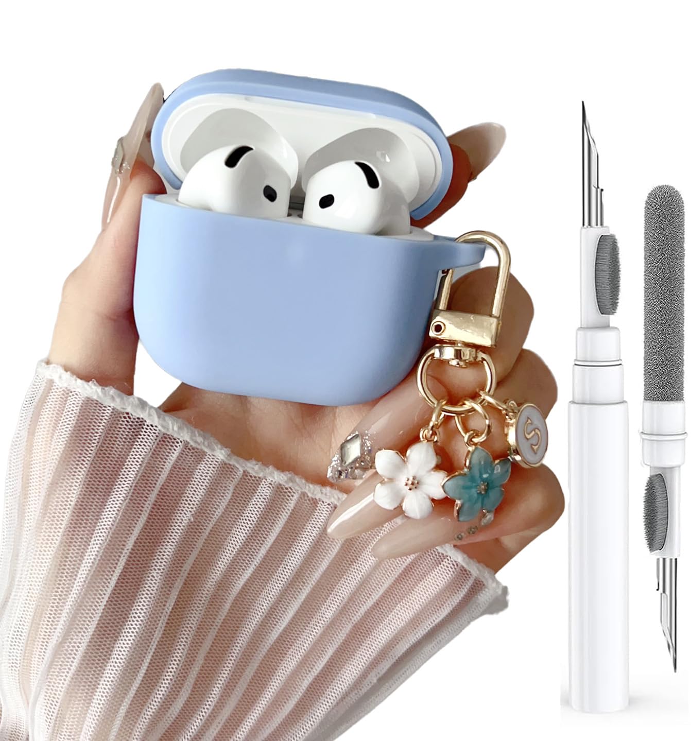 Olytop Cute Case for Airpods 4 Case Cover for Girl Women, Compatible Airpod 4th Generation with Flower Keychain&Cleaning Pen, Soft Silicone Protective