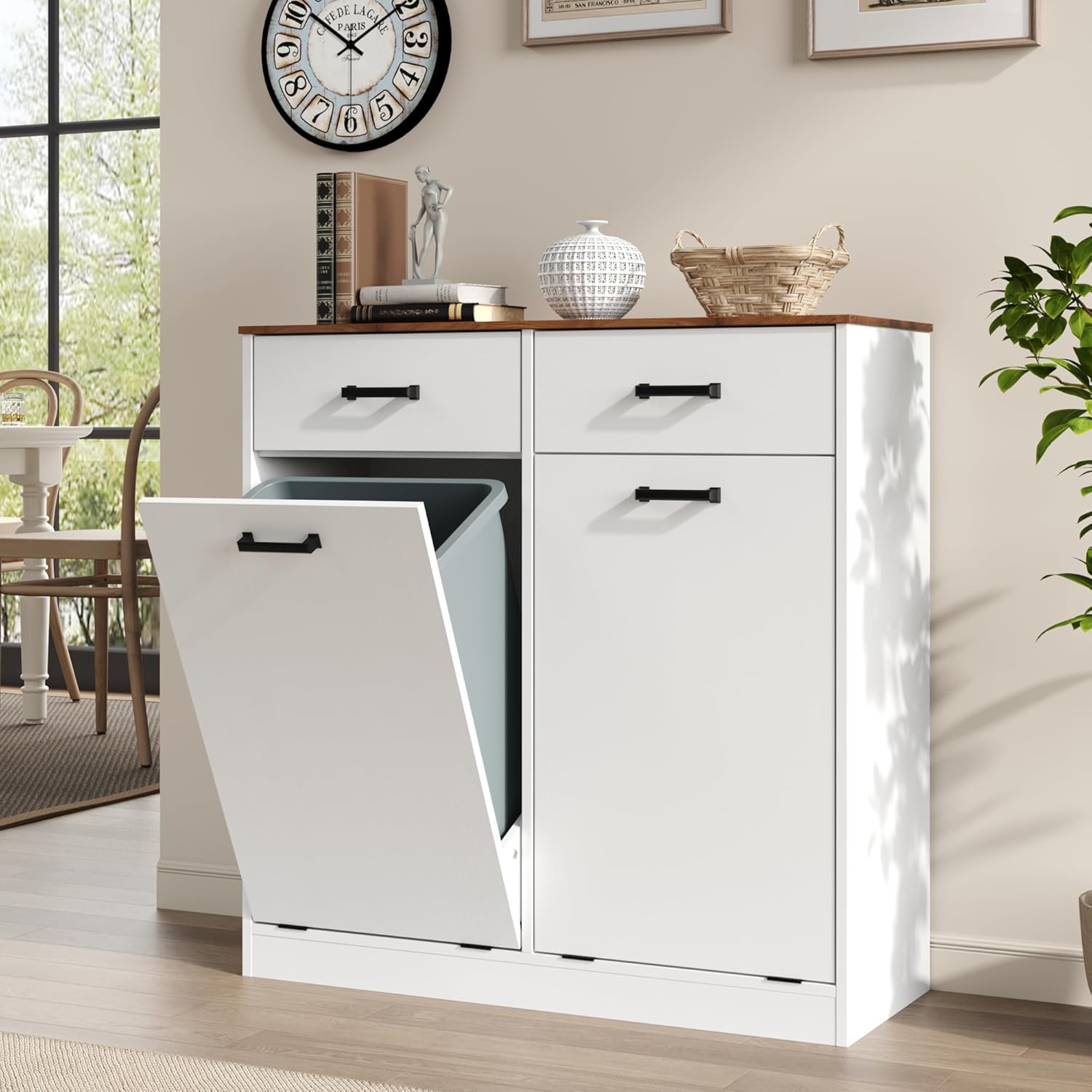 MHOM Farmhouse Double Tilt Out Trash Can Cabinet fits 10 Gallon Trash Bin, Kitchen Recycling Cabinet with 2 Drawers, Hidden Garbage Can Storage for Kitchen & Dining Room, Antique White