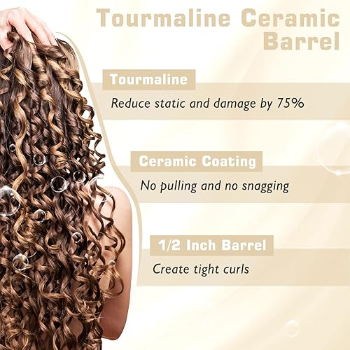 Miniatura 5 de Rizador de 12 pulgada para cabello corto, rizador de pelo de doble voltaje de cerámica, varita rizadora profesional de turmalina (oro champán)