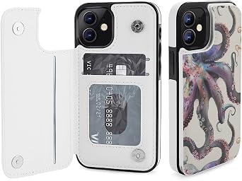 Wallet Case for iPhone 12, Color Octopus Print PU Leather Flip Shockproof Wallet Phone Cases Cover with Card Slots, Kickstand, Magnetic Clasp Closed